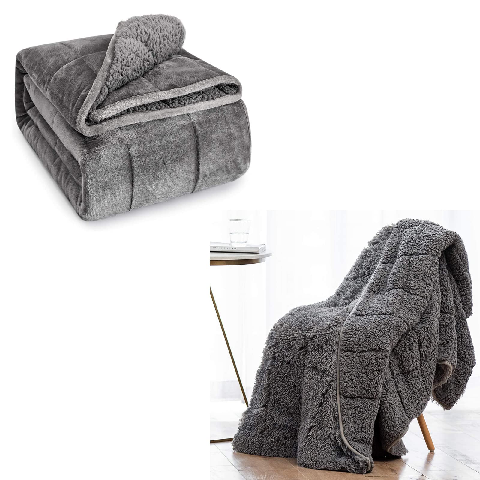 Wemore Sherpa Fleece Weighted Blanket for Adults - 15 lbs Heavy Blanket with Shaggy Long Faux Fur, Fluffy Fuzzy Sherpa Reverse Side - Perfect for Bed, Couch, Sofa, Office & Stress Relief