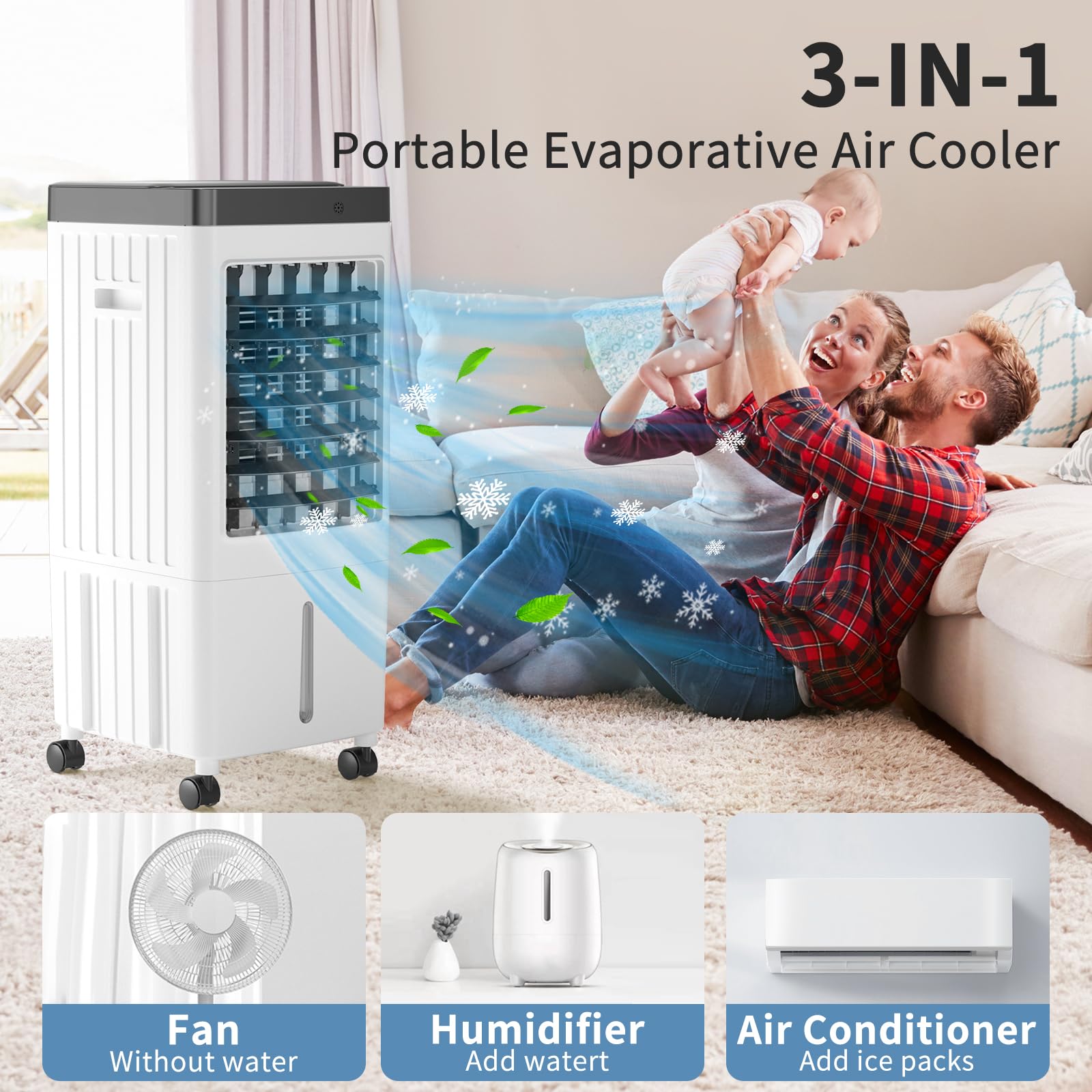 110V Portable Air Conditioner - 3-in-1 Evaporative Air Cooler with 2 Gallon Water Tank, Remote Control, 3 Speed Settings & Timer - Compact AC Unit for Indoor Cooling - Perfect for Office, Bedroom & Home Use (White)