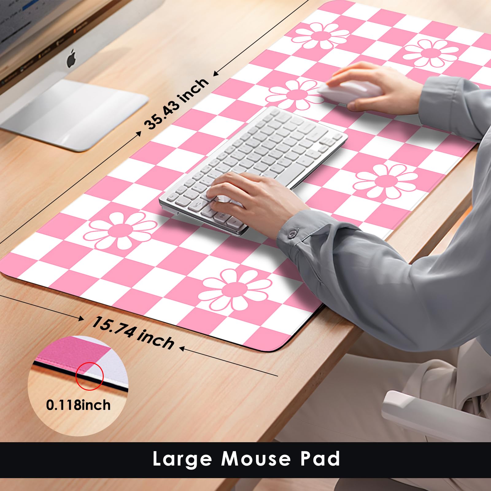 AFRITEE Pink Checkerboard Desk Pad with Daisy Flower Pattern - Large Gaming Mouse Pad & Keyboard Mat for Computer, Laptop, Home Office Decor - Perfect for Work, Gaming, and Desk Organization