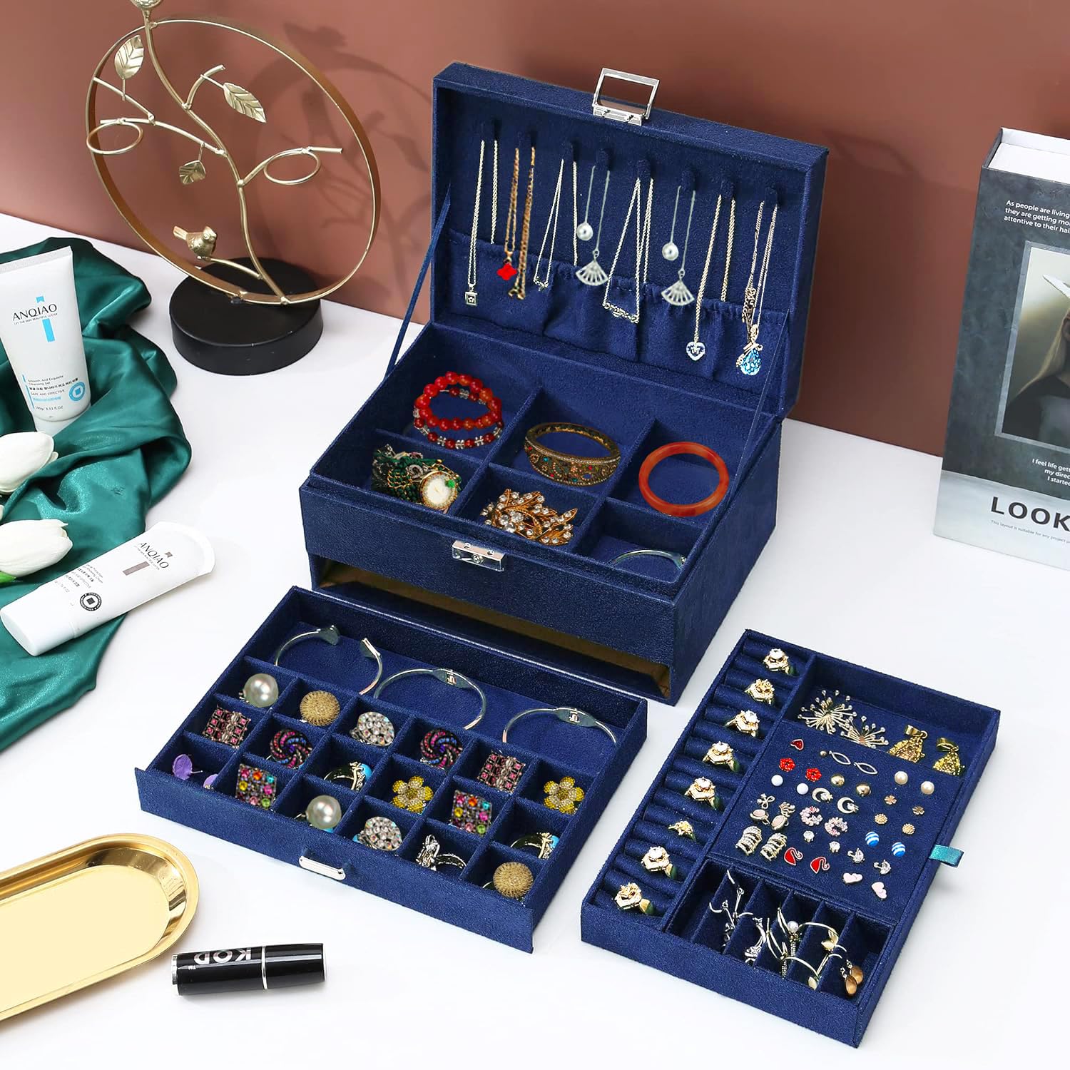 Luxury Navy Velvet Jewelry Box with Lock - Elegant Jewelry Organizer for Women & Teens - Necklace, Earring, Ring & Bracelet Storage Case - Perfect for Travel, Gifts & Home Decor
