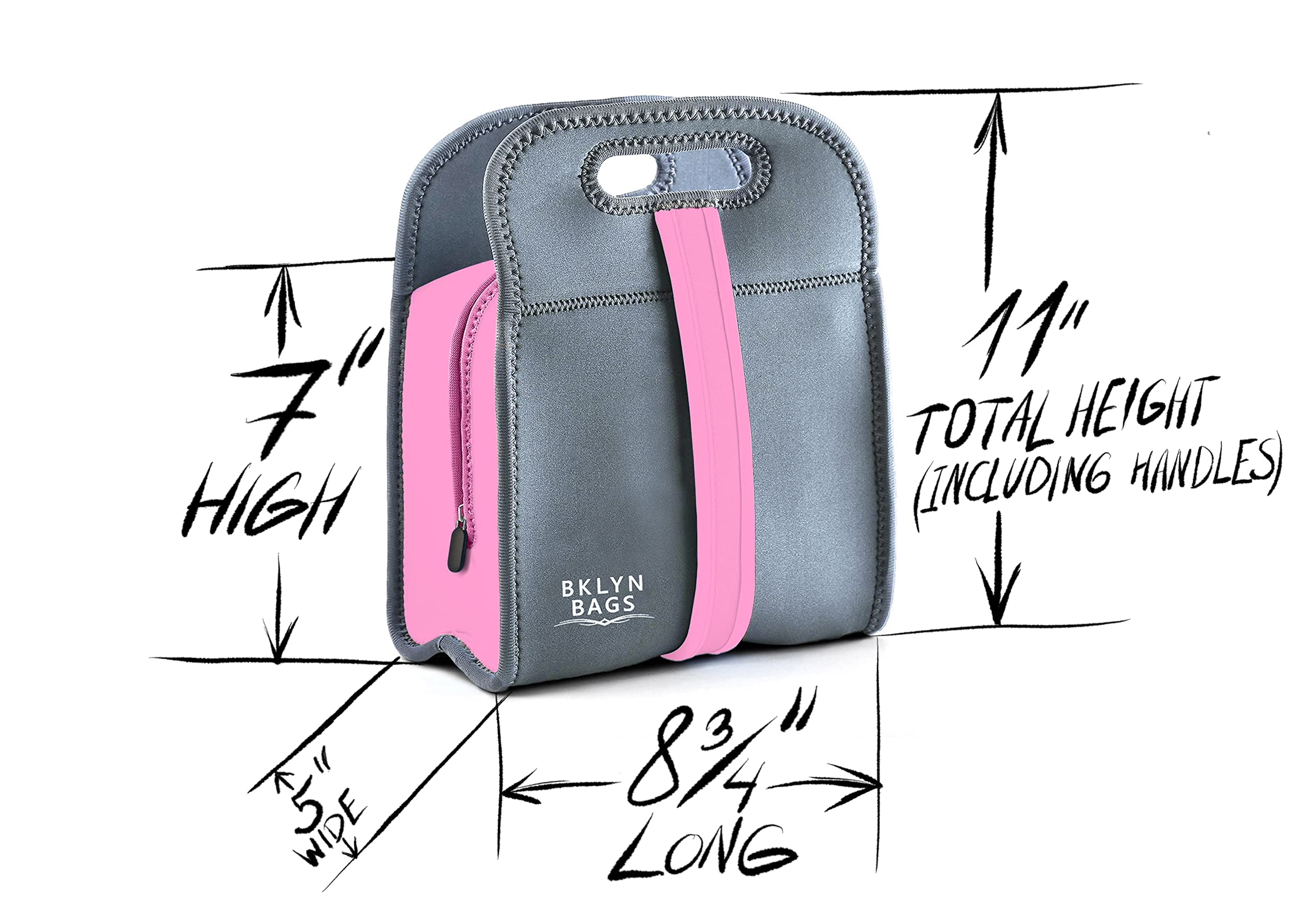 BKLYN Bento Neoprene Lunch Bag for Work & School - Insulated Reusable Meal Container with Comfortable Handle & Shoulder Strap - Easy to Clean Eco-Friendly Food Carrier (Pink/Grey, Unisex) - Perfect for Office, Picnics & Travel