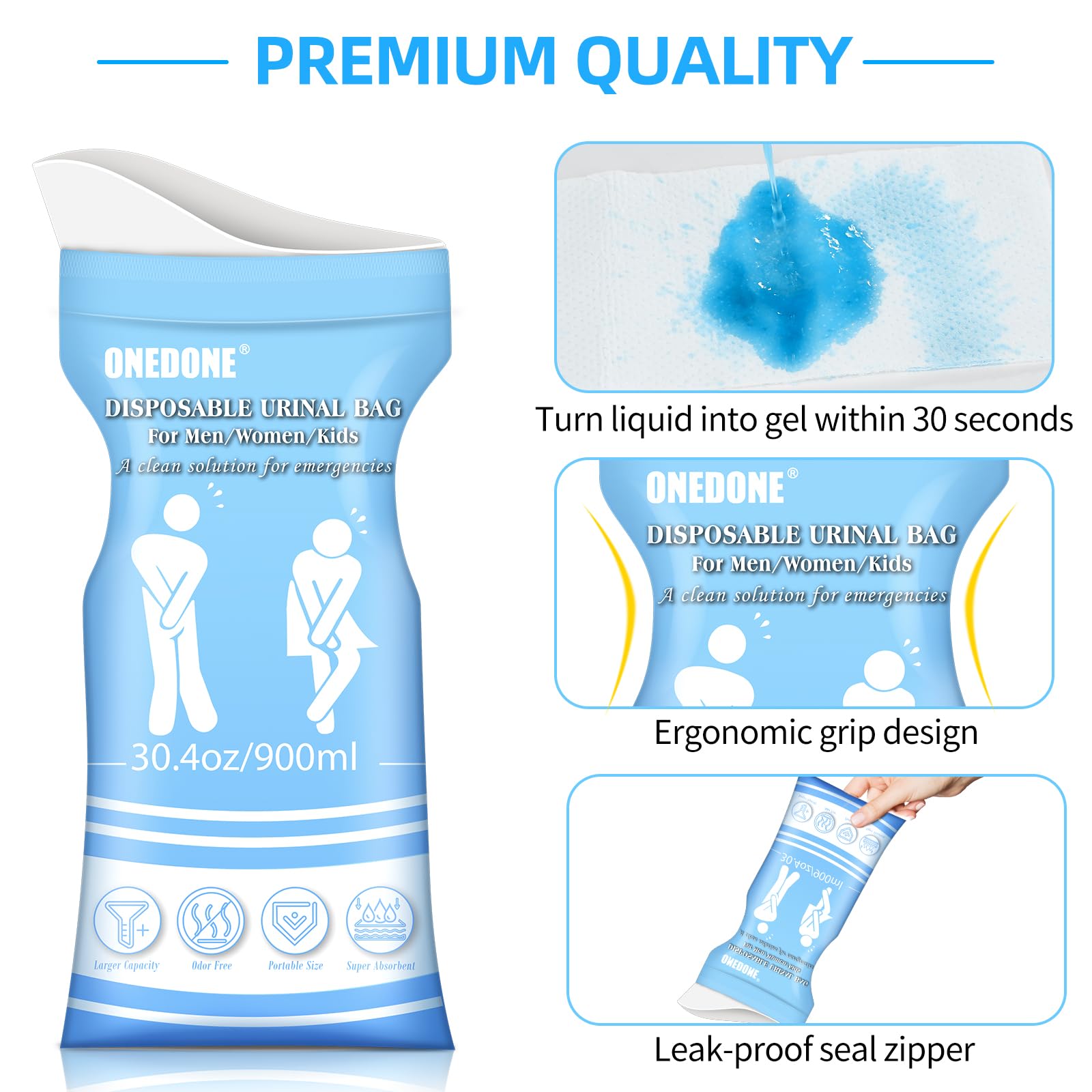 ONEDONE Disposable Urine Bags 6/8/12/24 Pack (30.4oz) - Portable Travel Pee Bags for Men, Women & Kids - Emergency Urinal & Vomit Bags for Camping, Hiking, Traffic Jams & Road Trips - Unisex Travel Urinal Solution