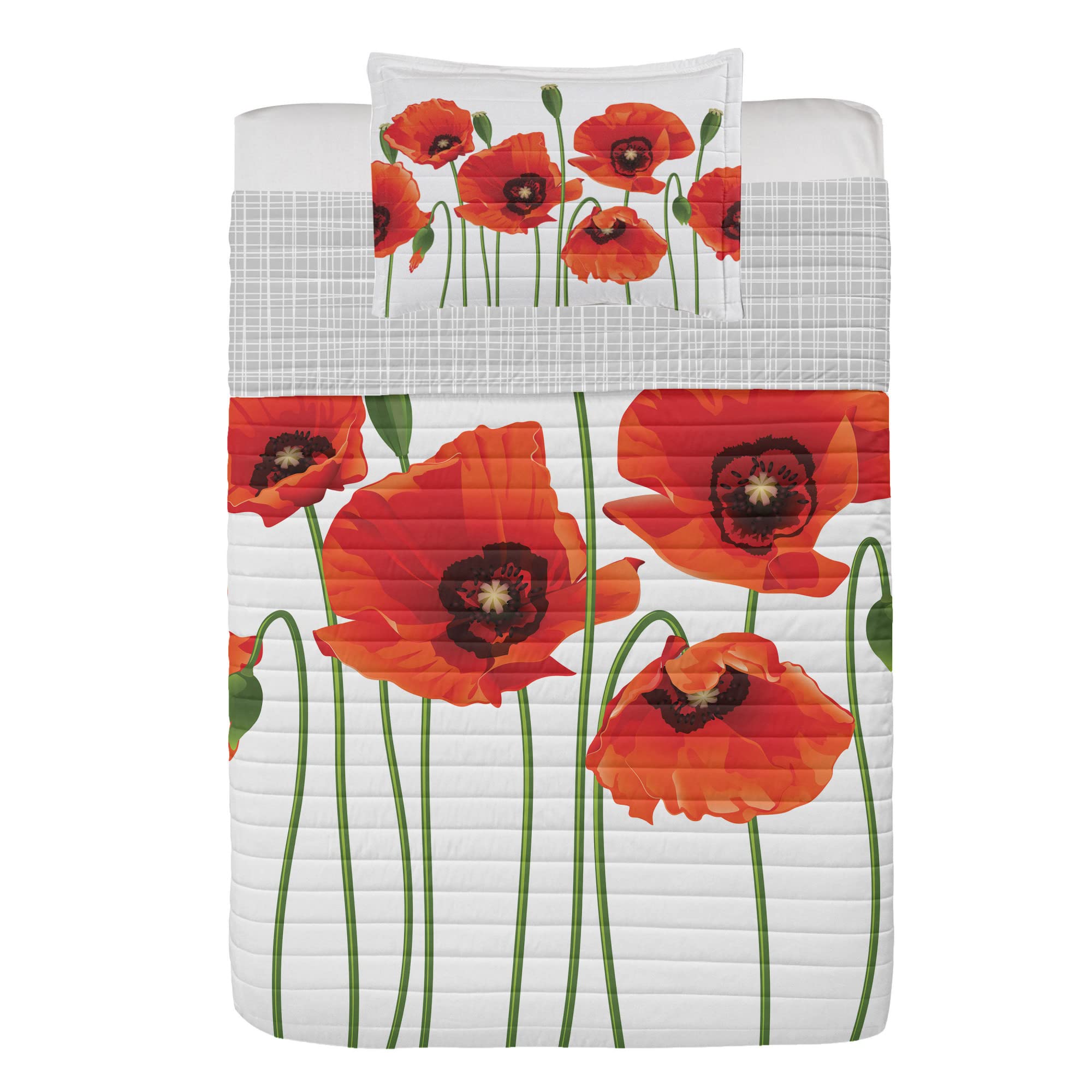 Ambesonne Floral Reversible Bedspread Set - Poppy Spring Pastoral Flowers Botany Bouquet Nature Theme Microfiber Bedding | Twin Size Red Green | Perfect for Spring Bedroom Decor & Guest Room Makeover