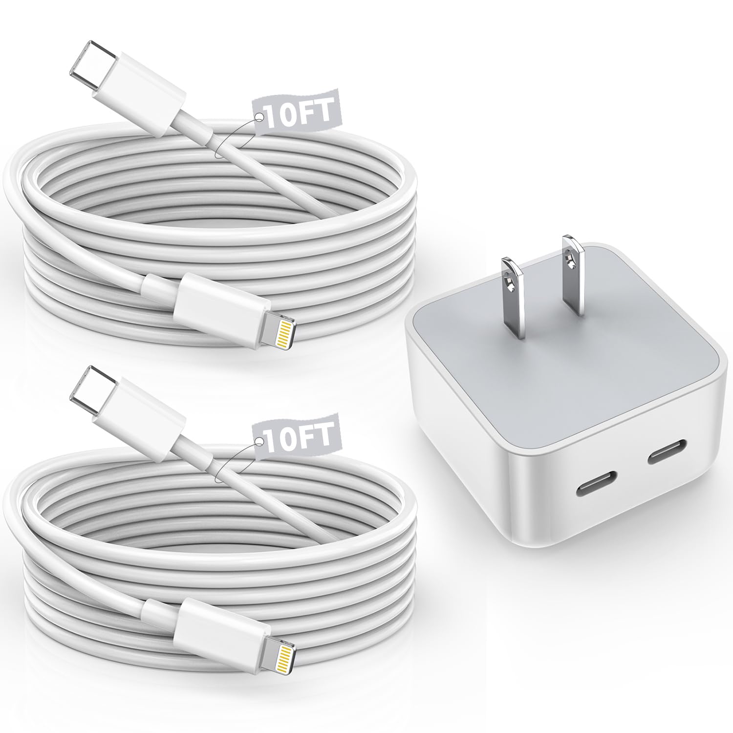 2-Pack 10FT iPhone Fast Charger Cable [MFi Certified] - 40W USB-C to Lightning Cable with Dual Port Power Adapter for iPhone 14/13/12/11/XS/XR/SE & iPad - Perfect for Home, Office & Travel Charging