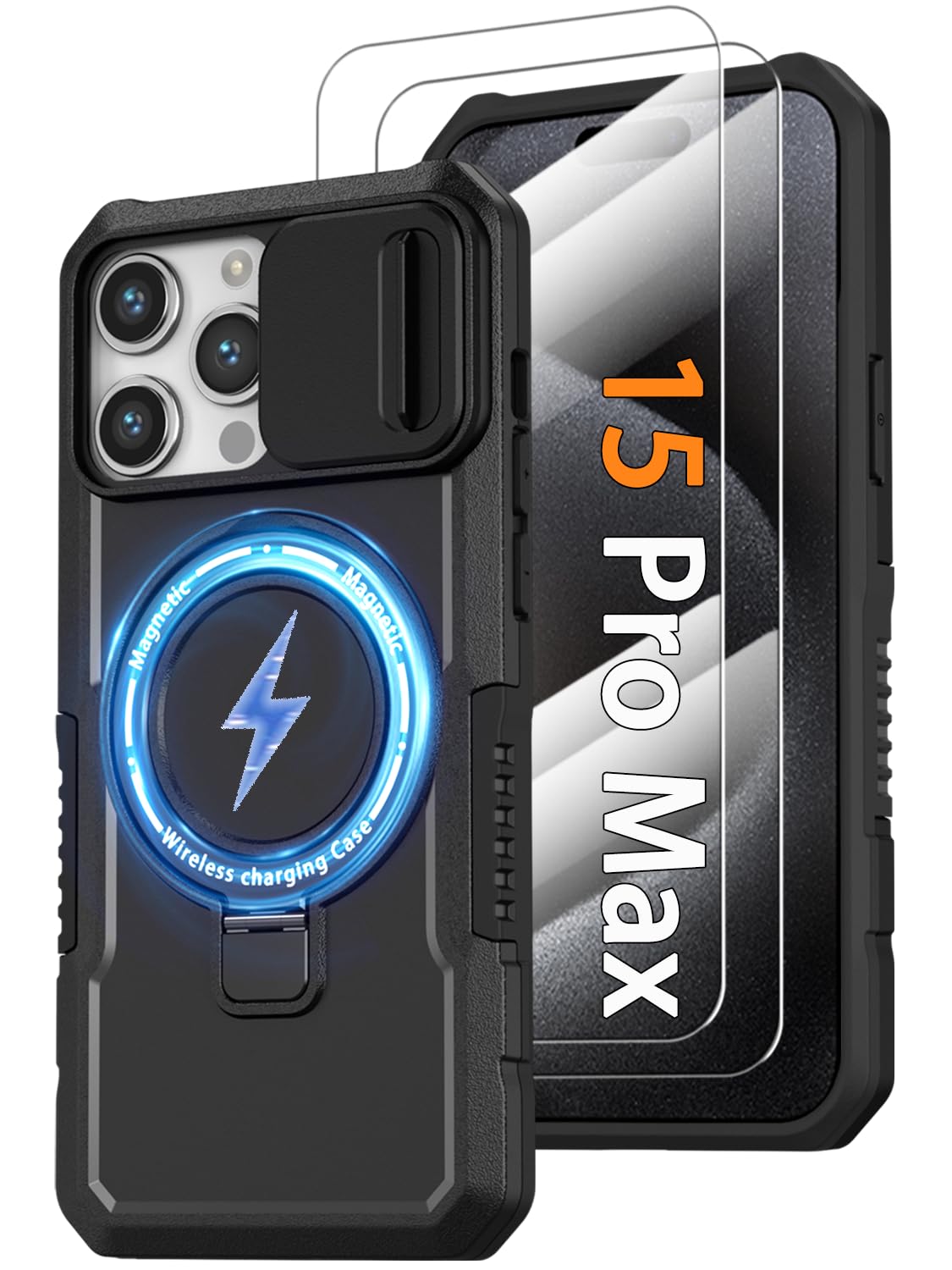 Magnetic Ring Stand Phone Case for iPhone 15 Pro Max - Military Grade Shockproof Cover with Camera Protection | Compatible with MagSafe | Includes 2X Tempered Glass Screen Protectors | Perfect for Outdoor Activities, Travel & Daily Use (Black)