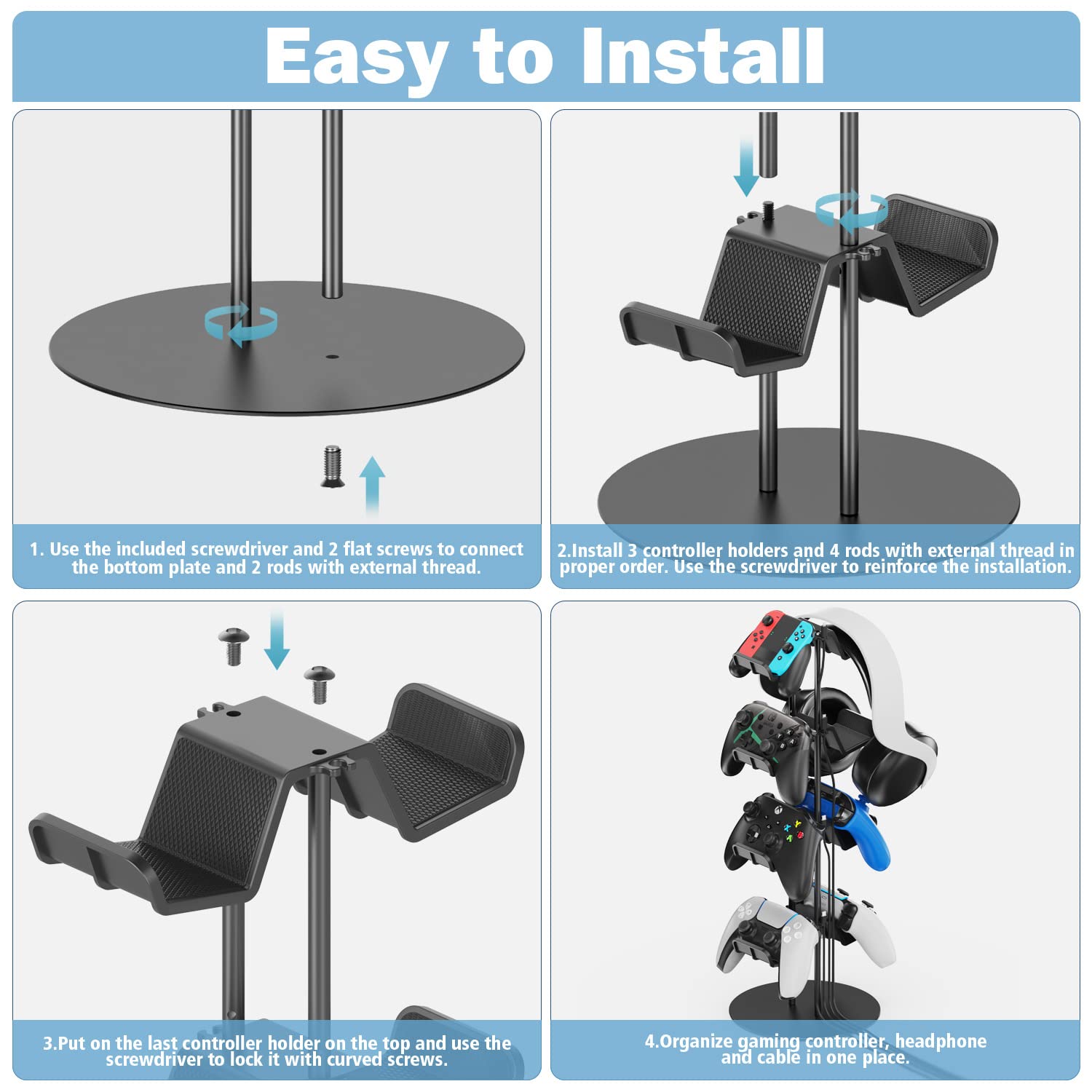 Kytok 4-Tier Gaming Headset Stand with Cable Organizer - Universal Controller Holder for PS5, Xbox, Nintendo Switch, PS4 & PS Portal - Perfect Gaming Desk Accessory for Organized Game Room Setup