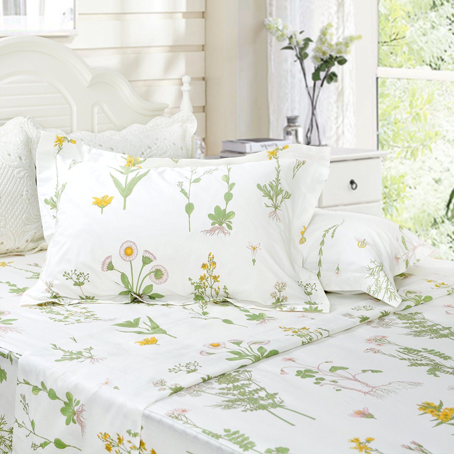 FADFAY 100% Cotton 4-Piece Bed Sheet Set - Green Floral Print (1 Flat Sheet, 1 Fitted Sheet, 2 Pillowcases) - Soft & Comfortable Twin XL Bedding for Dorm, Guest Room & Home Decor