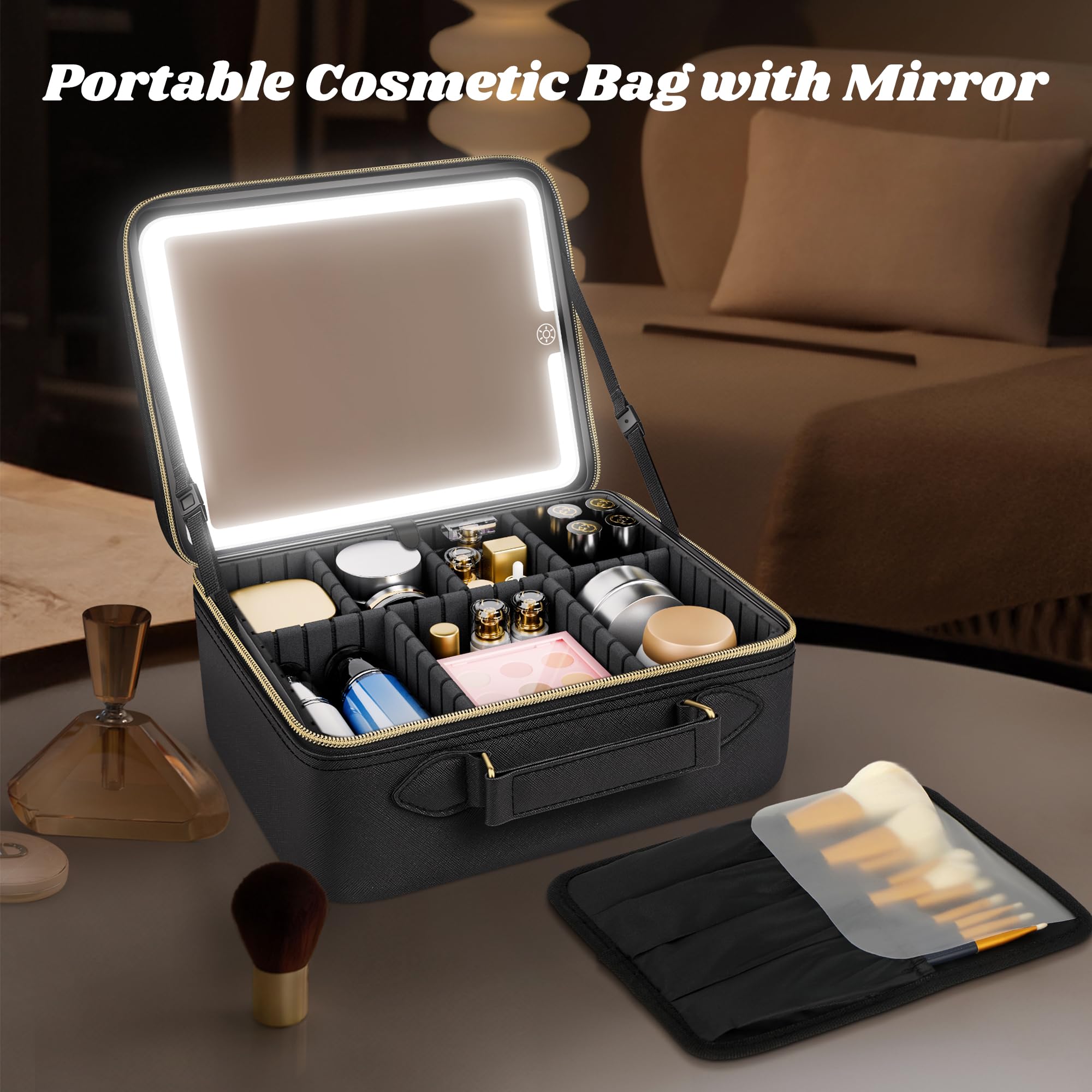 JUSRON LED Makeup Bag with Mirror - 3 Color Settings for Travel & Vanity