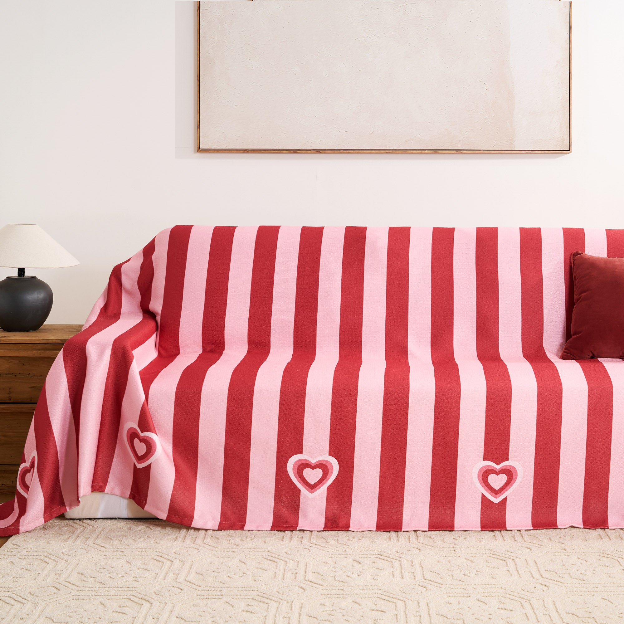 Unique Love Style Striped Chenille Sofa Cover - Pink & Red Hearts Plush Breathable Comfortable High-Resistance Fabric - Perfect for Living Room, Bedroom, or Dorm Decor