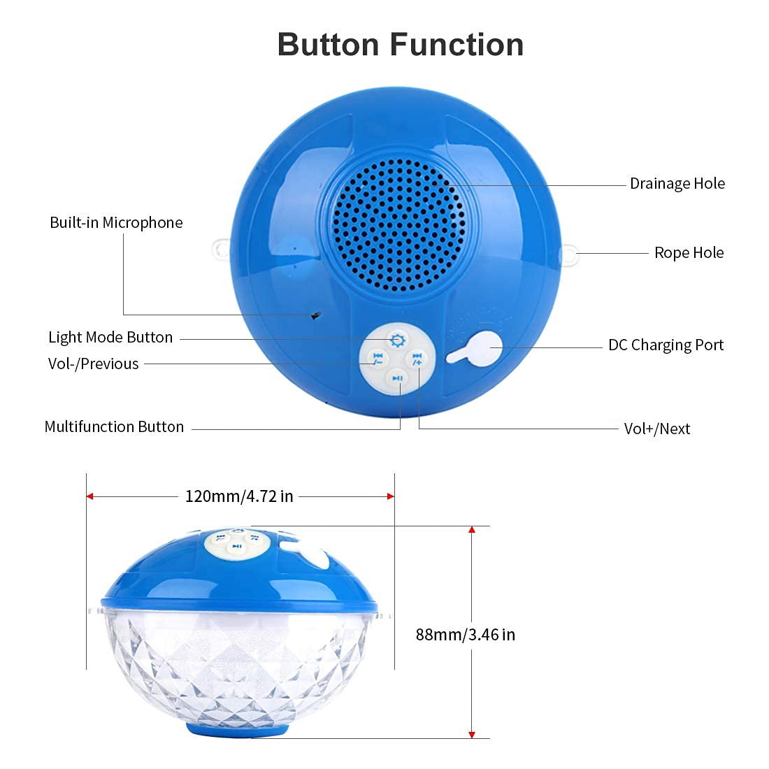 Floatable Bluetooth Pool Speaker - IPX7 Waterproof Wireless Shower Speaker with Colorful LED Lights, Built-in Mic & Loud Stereo Sound | Perfect for Hot Tubs, Beach Parties, Travel & Outdoor Adventures