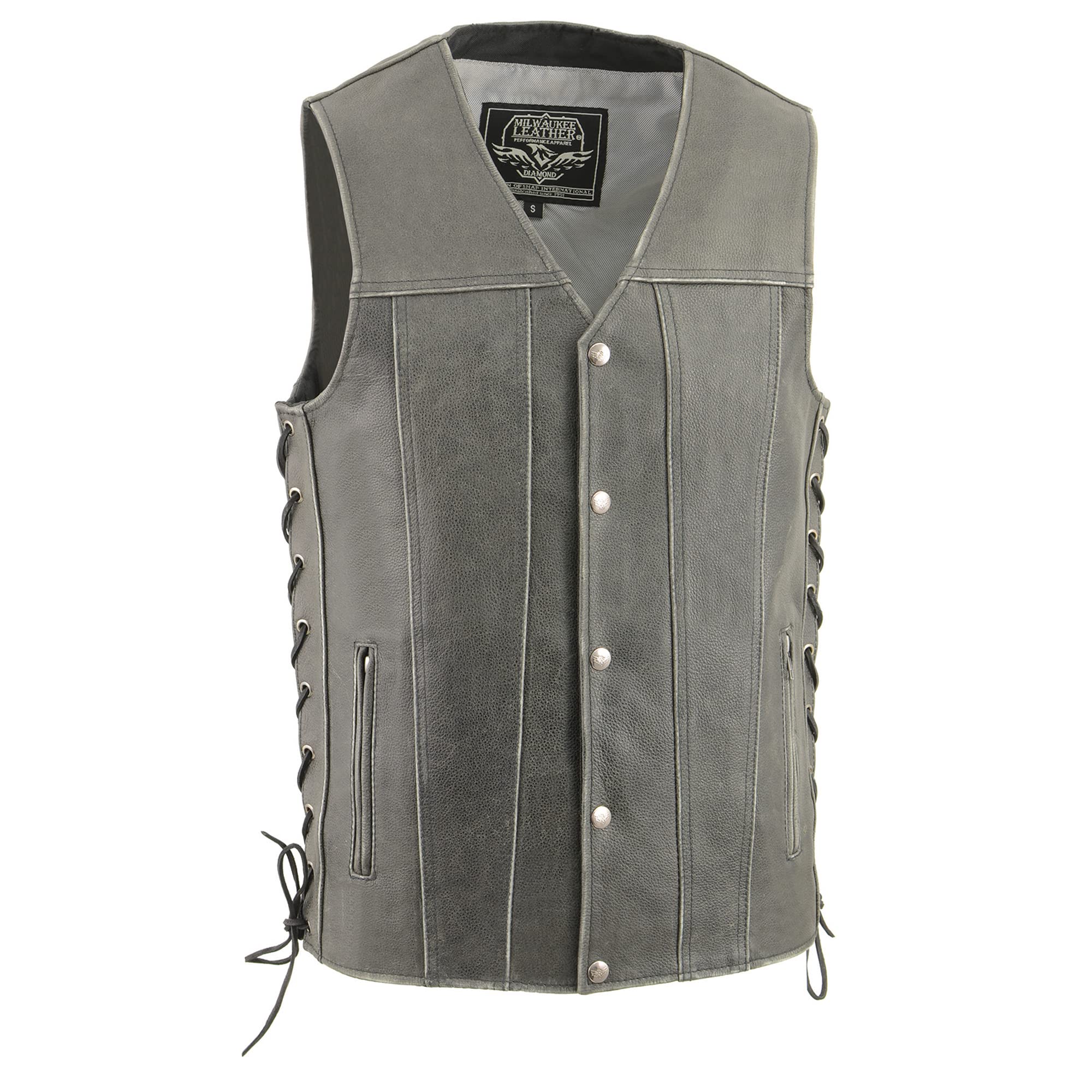 Milwaukee Leather MLM3521 Distressed Gray Leather Vest for Men - Straight Bottom Side Lace Design | Perfect for Motorcycle Riding, Biker Events & Casual Outfits