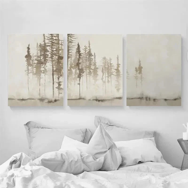 3-Piece Abstract Beige White Forest Tree Metal Wall Art Prints - Ready to Hang Nature-Inspired Decor for Living Room, Bedroom & Office
