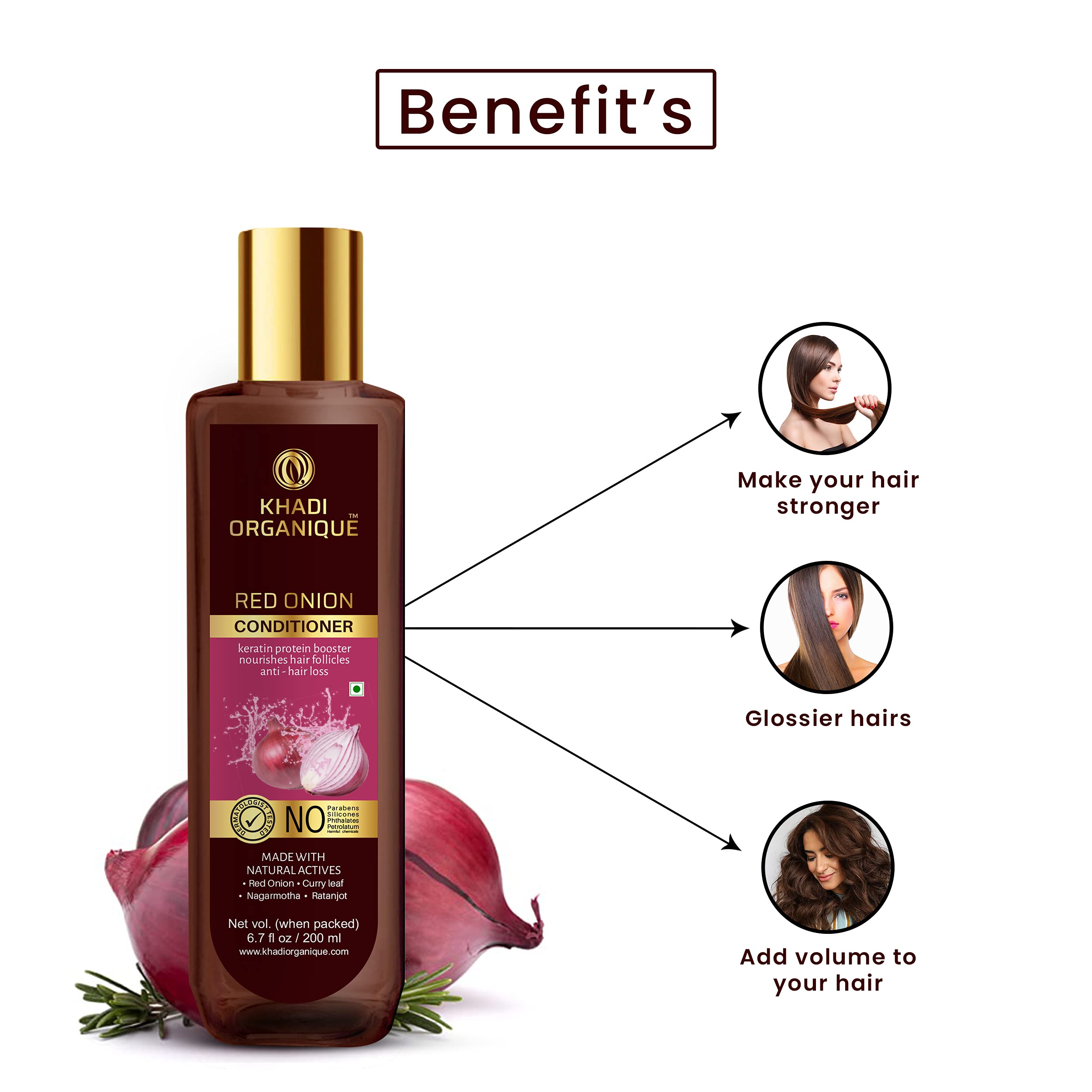 Khadi Organique Red Onion Hair Conditioner with Keratin Protein - Sulfate & Paraben Free for Damaged Hair Repair & Growth - Natural Deep Conditioning Treatment for Dry, Frizzy Hair - Perfect for Daily Use & Scalp Care