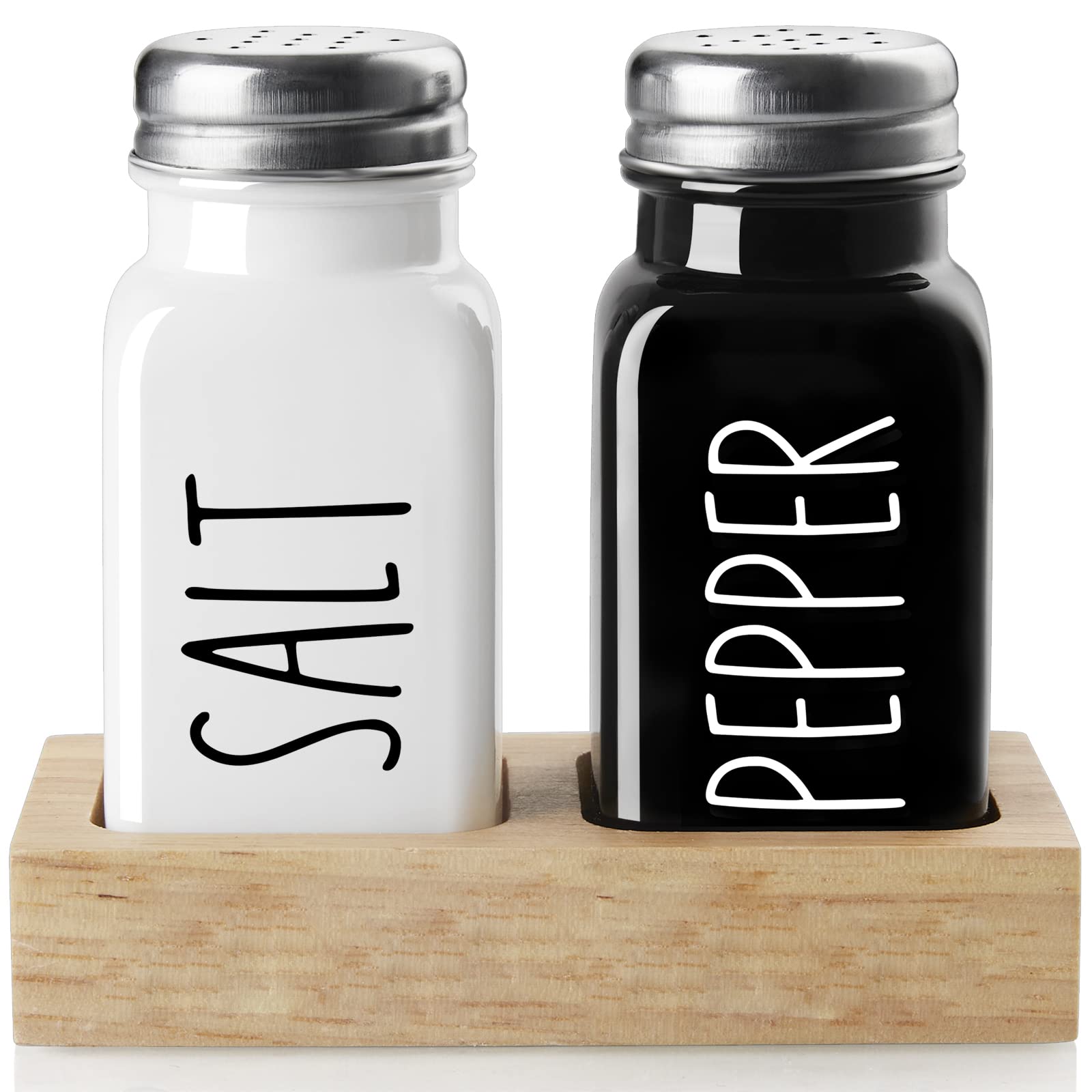 Premium Glass Salt and Pepper Shakers Set with Wooden Holder - 2.7 oz Black & White Kitchen Decor for Countertop or Dining Table - Ideal Wedding Gift & Housewarming Present - Perfect for Everyday Use, Dinner Parties, and Home Decor