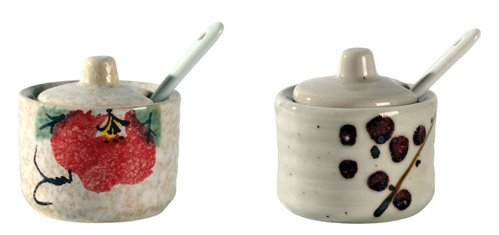2-Pack Japanese Retro Ceramic Seasoning Jars with Lid & Spoon - Sugar & Salt Storage Containers for Kitchen, Dining Table, and Coffee Bar Decor