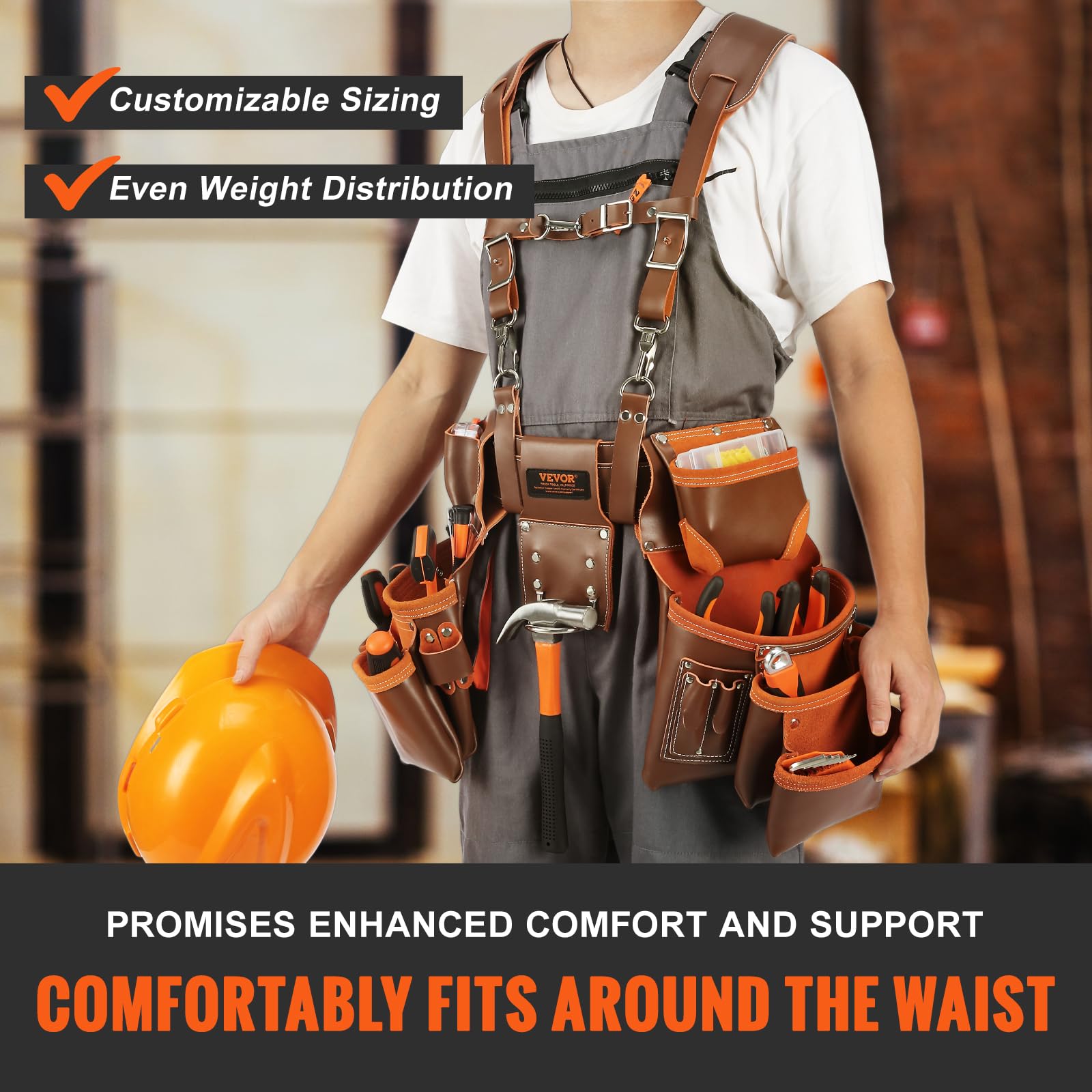 VEVOR Heavy Duty Leather Tool Belt with Suspenders - 19 Pockets Adjustable Waist 29-54 inches - Professional Carpenter Electrician Gardening Work Belt - Perfect for Construction, Woodworking & Outdoor Projects (Brown)
