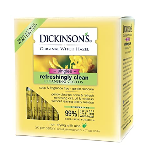 Dickinson's Original Witch Hazel Refreshingly Clean Facial Cleansing Towelettes, 20 Count - Gentle Makeup Remover & Skin Refresher for Travel & Daily Skincare