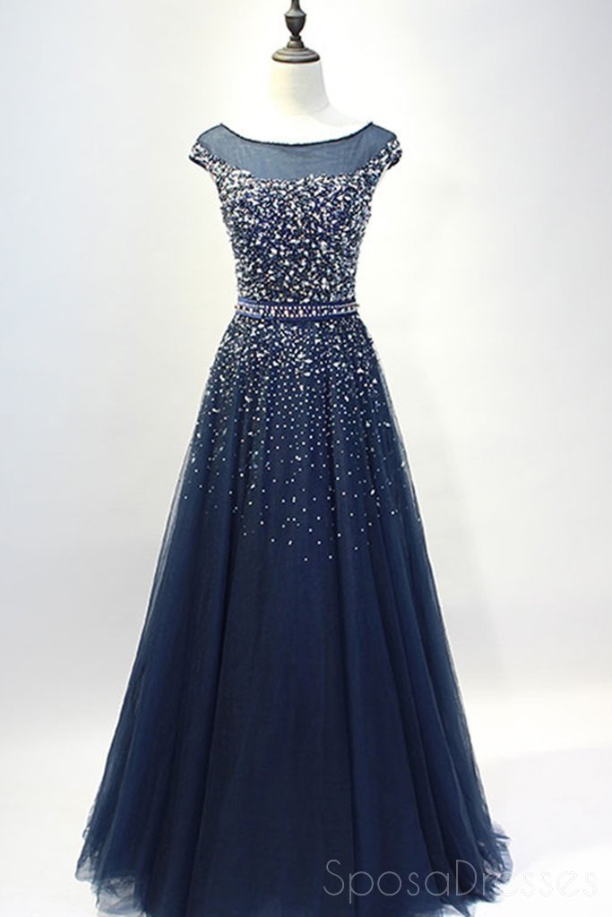 Elegant Navy Blue Cap Sleeve Tulle Beaded Long Evening Prom Dress - Custom Party Gown for Formal Events, Homecoming & Special Occasions