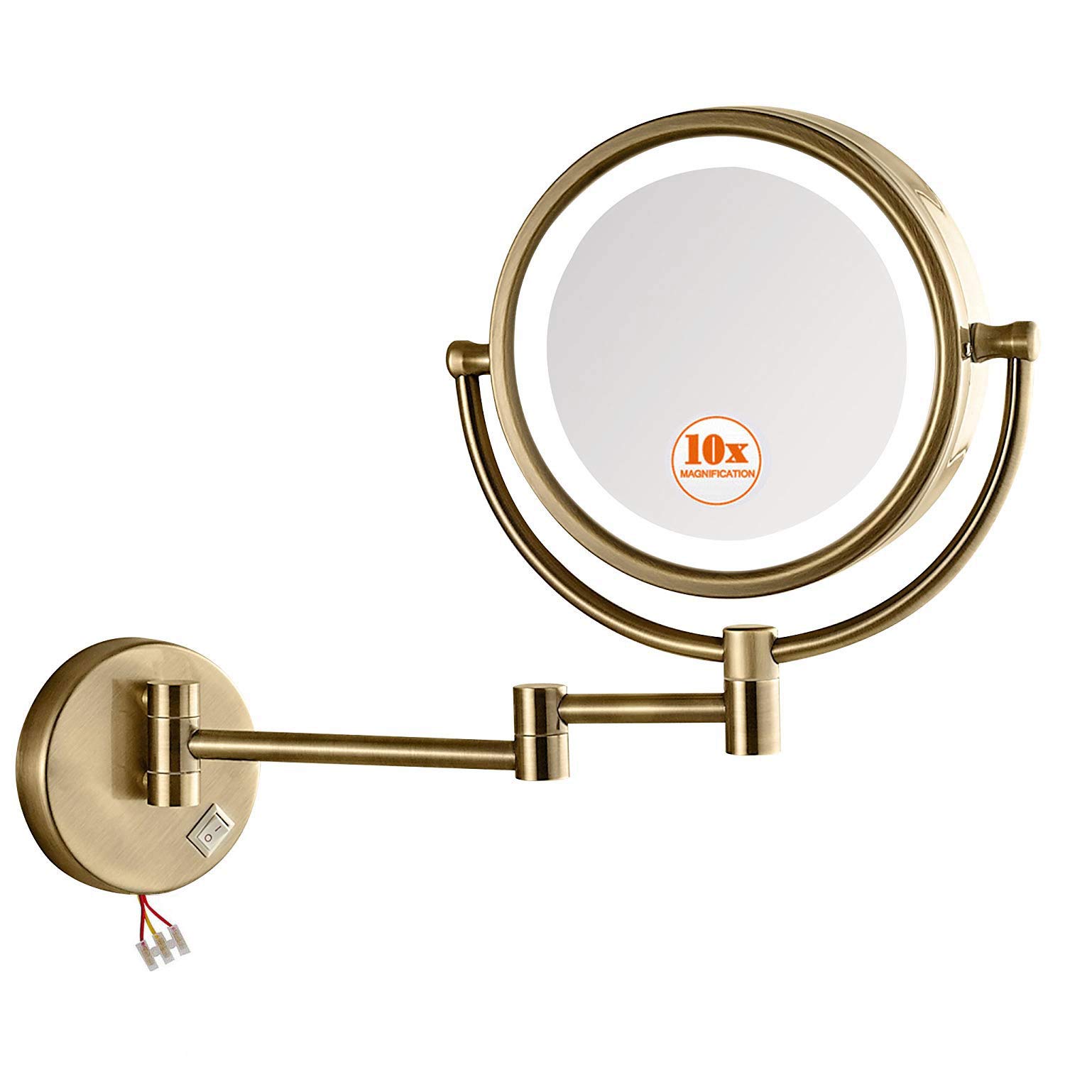 KWEE LED Makeup Mirror Wall Mount - 8-Inch Double Sided 360° Swivel Extendable Bathroom Mirror with 10x Magnification, Direct Wire Lighted Vanity Mirror (Bronze) - Perfect for Shaving, Makeup Application & Grooming