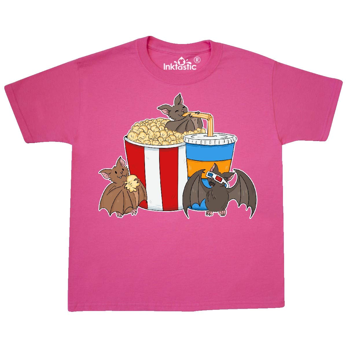 Movie Loving Bats with Popcorn and Soda Youth T-Shirt | Cute Bat Design Kids Tee | Perfect for Halloween, Movie Nights & Bat Lovers