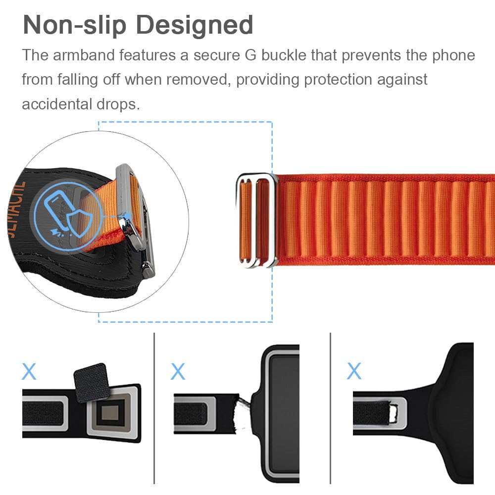 JEMACHE Running Armband for iPhone 16/15/14/13/12/11 Pro Max & Samsung Galaxy S25/S24/S23/S22 Ultra - Adjustable Phone Holder with Earphone Loop (Orange, Small) - Perfect for Gym, Jogging & Outdoor Workouts
