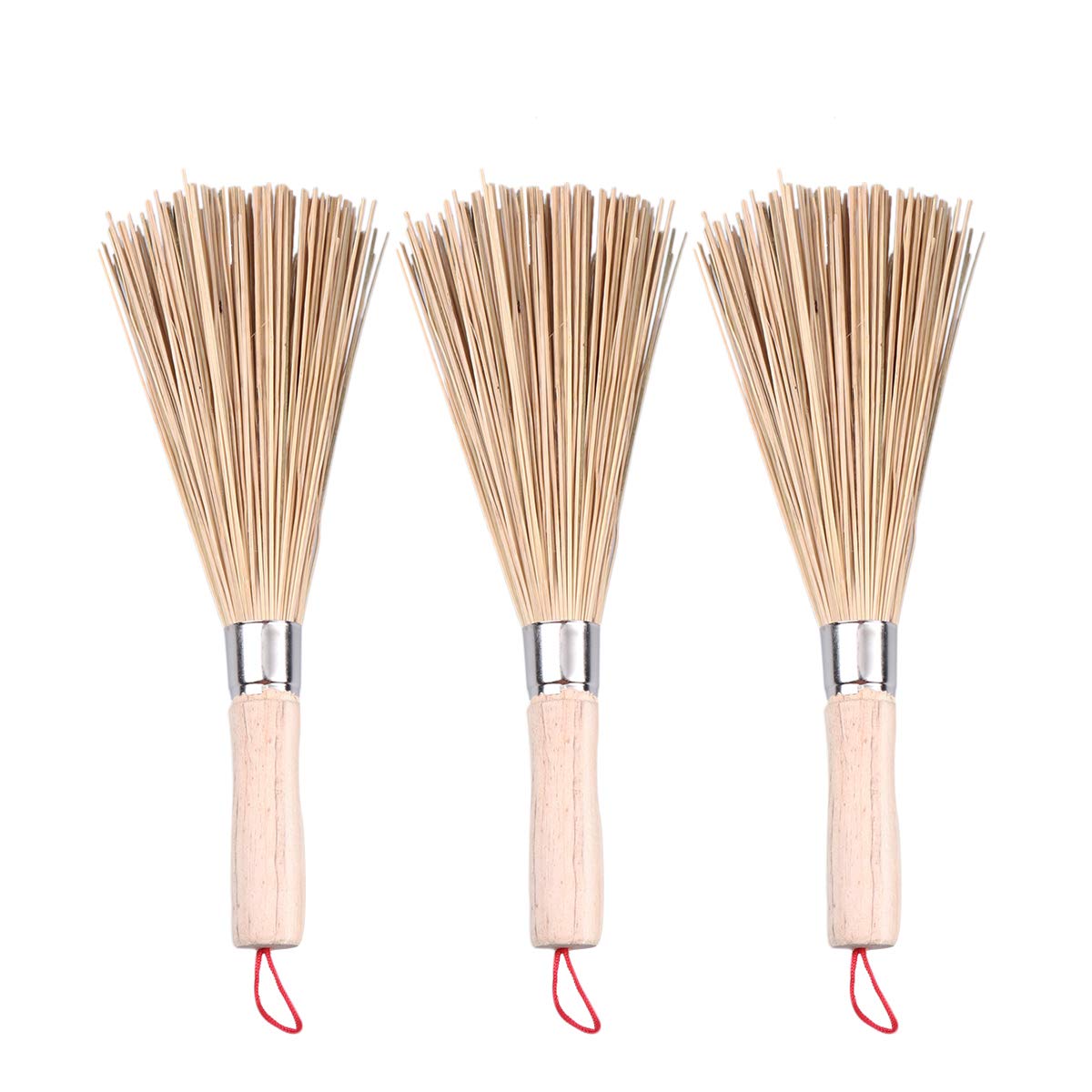 3-Pack Natural Bamboo Wok Cleaning Brush Set - Oil Proof Iron Pot Scrubber with Wooden Handle for Kitchen & Household Cleaning | Perfect for Cast Iron Pans, Griddles & Non-Stick Cookware