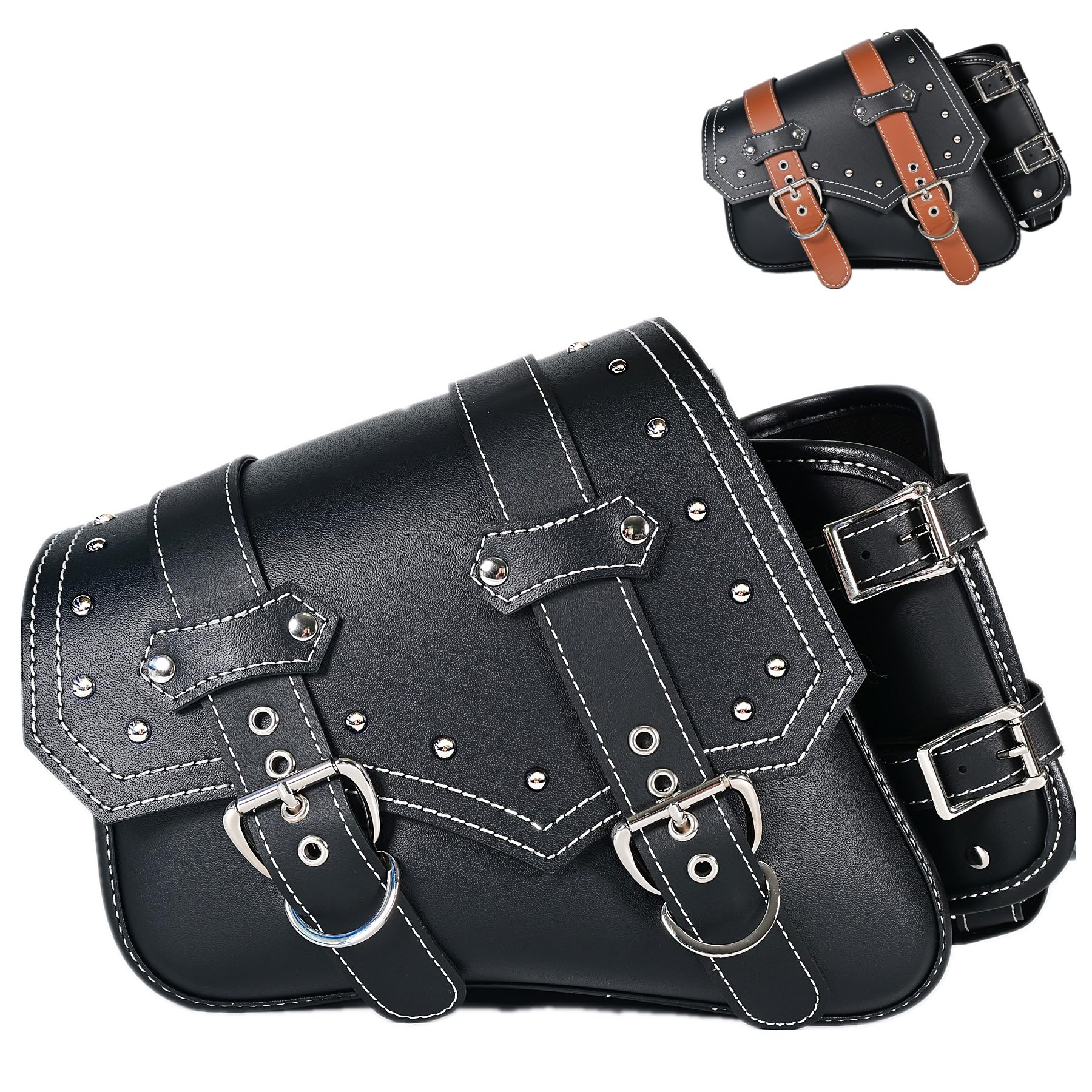 **Waterproof PVC Leather Motorcycle Saddle Bags for Harley Sportster - Universal Side Swing Arm Storage Tool Bags with Cup Holder & Brown Belt (Left Side) - Perfect for Long Rides & Road Trips**