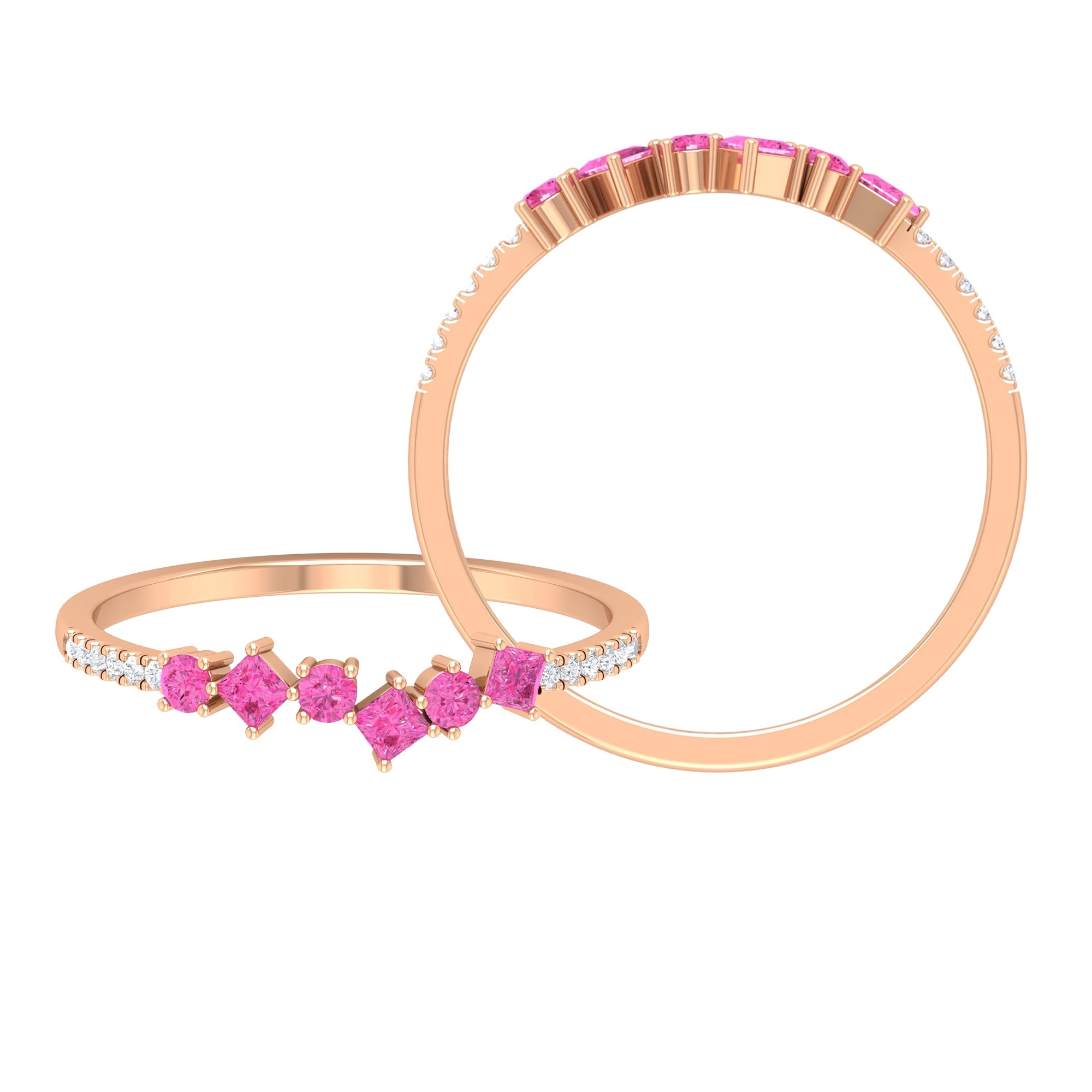 1/2 CT Pink Sapphire Half Eternity Ring with Diamond Accents - 14K Solid Gold Minimalist Wedding Band for Women - Round & Princess Cut Pink Gemstone Ring for Anniversary, Engagement, or Gift