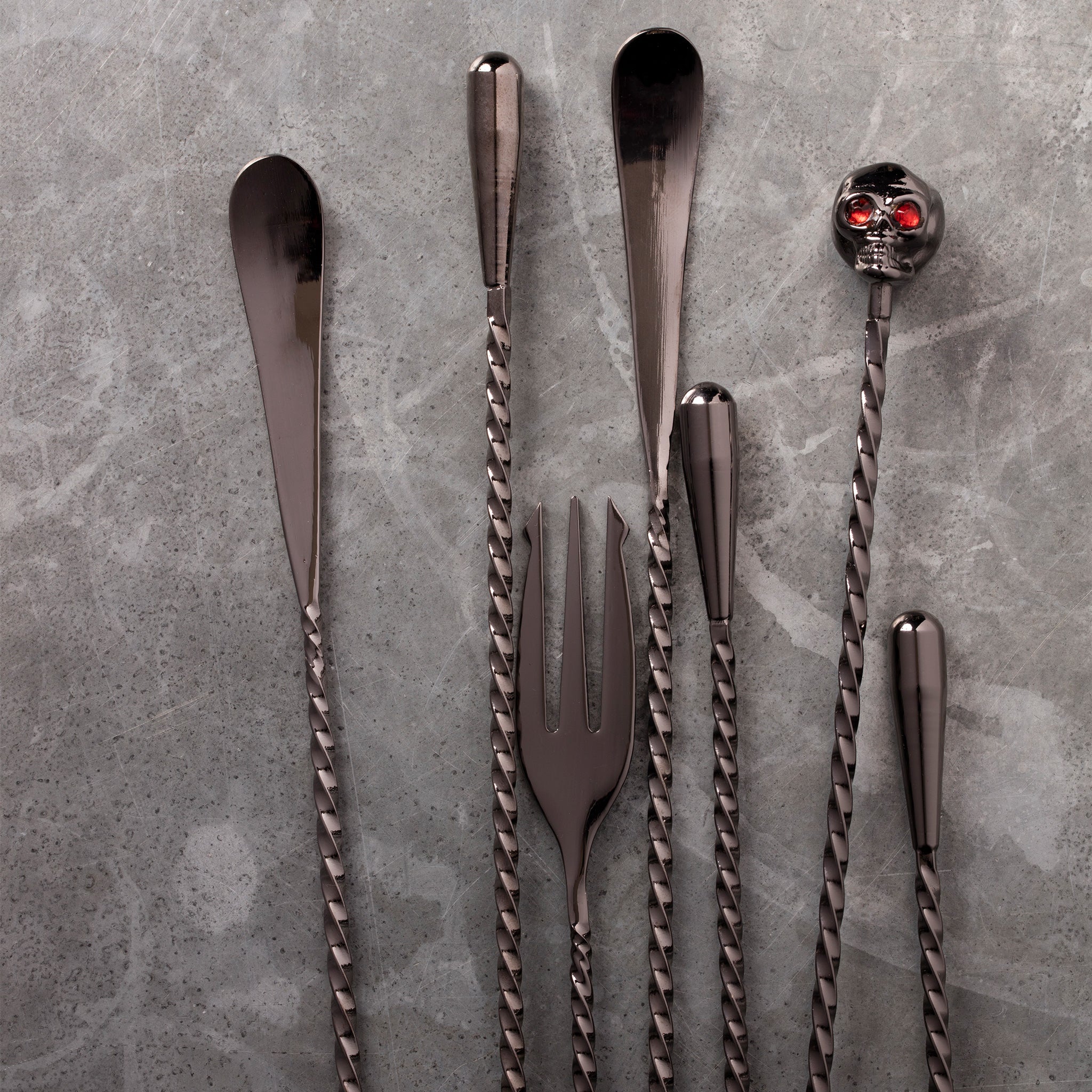Skull Bar Spoon - Gunmetal Black - 33cm Stainless Steel Cocktail Mixing Tool for Bartenders & Home Bars