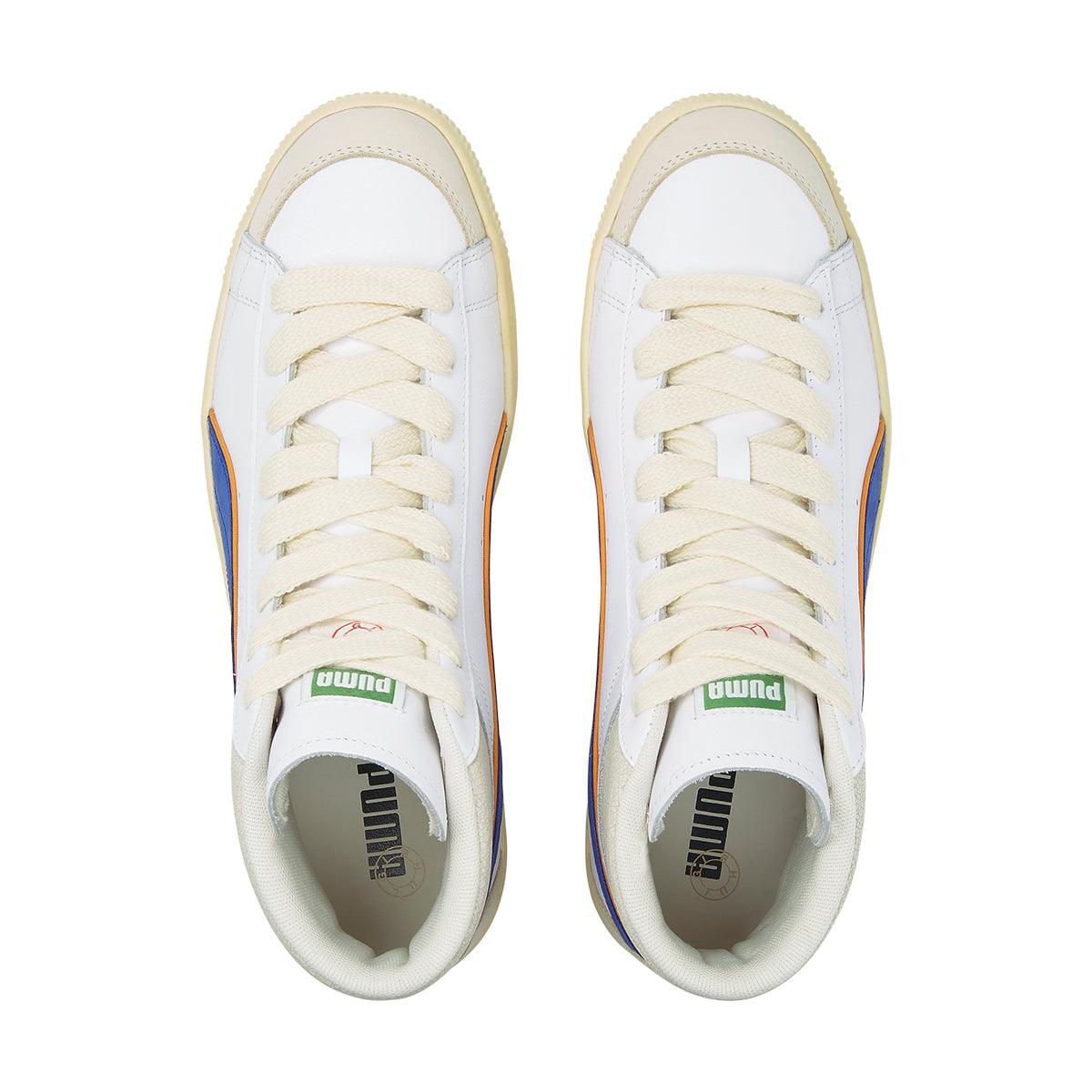Rhuigi Clyde Mid Basketball Sneakers in White & Royal - Stylish High-Top Shoes for Men, Streetwear & Casual Wear