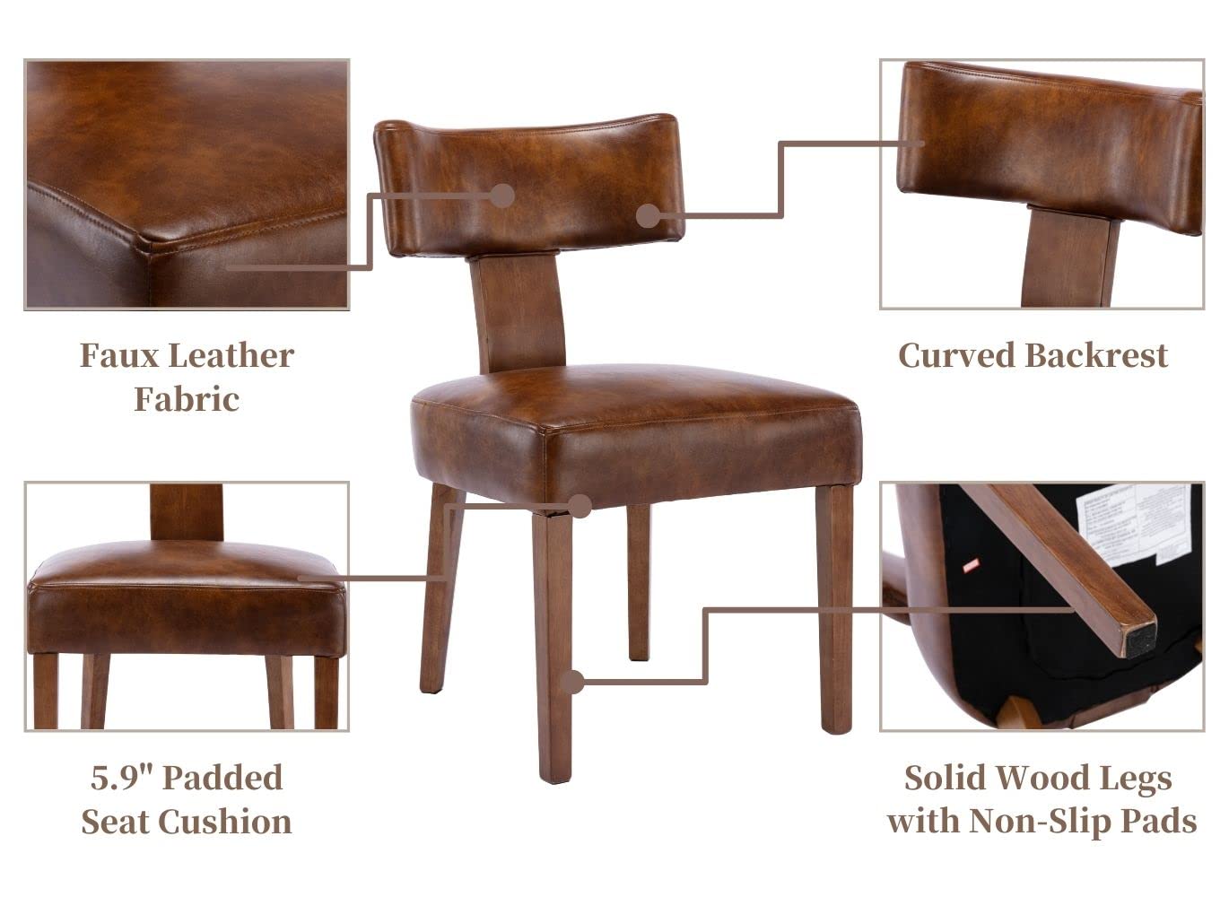 Mid Century Modern Dining Chairs Set of 2 - PU Leather Upholstered Side Chairs, Solid Wood Armless Parson Chairs for Kitchen & Dining Room - Brown - Perfect for Small Spaces & Contemporary Home Decor