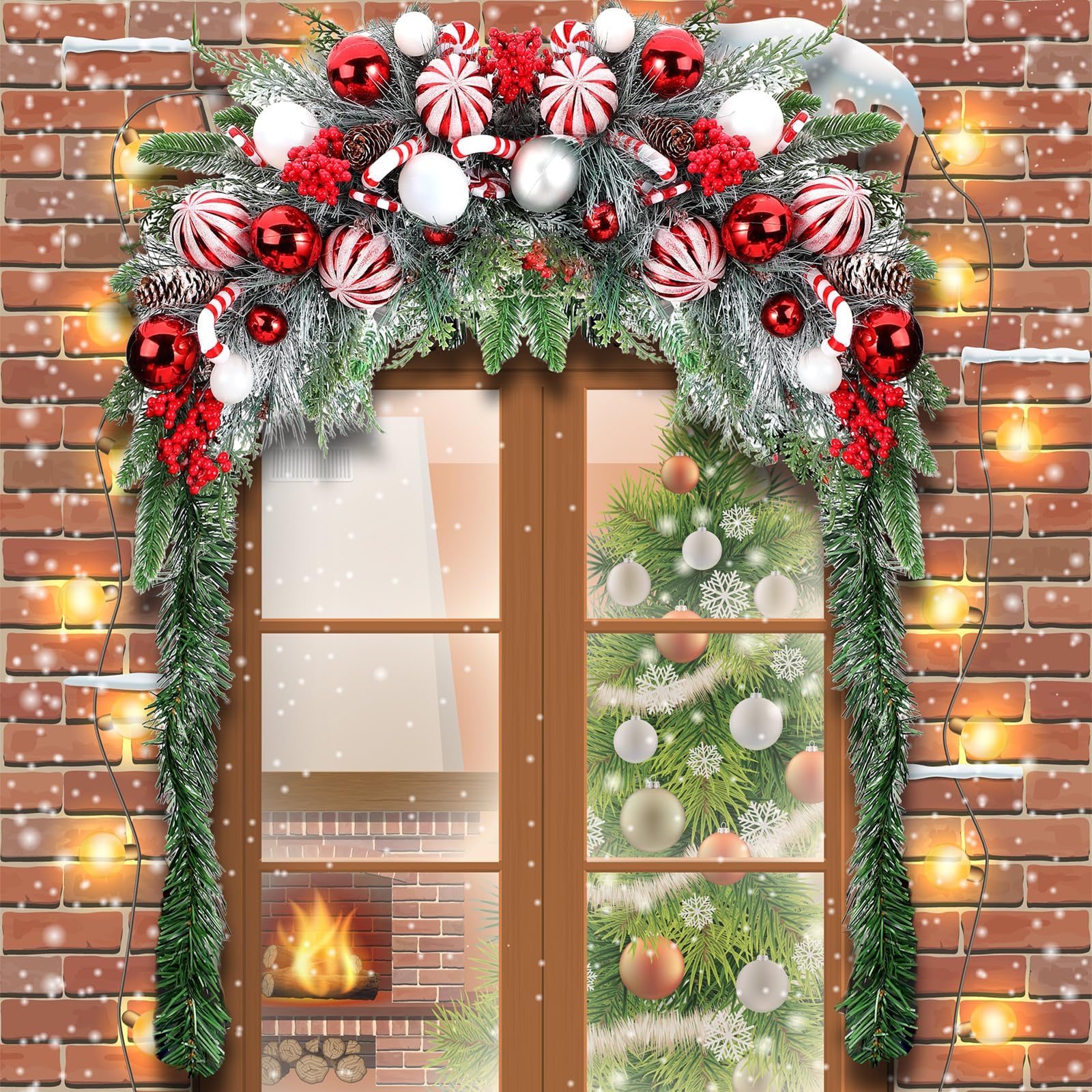 Artificial Candy Cane Christmas Mailbox Swag with LED Lights, Berry Clusters & Pine Cones - Outdoor Holiday Mailbox Decor for Home, Porch and Yard | Waterproof & Durable Christmas Decoration