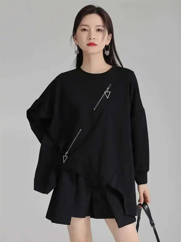 Black Irregular Hem Zipper Sweatshirt for Women - Oversized Round Neck Long Sleeve Pullover | Trendy 2025 Fall & Spring Fashion | Perfect for Casual Outfits, Streetwear, and Layering