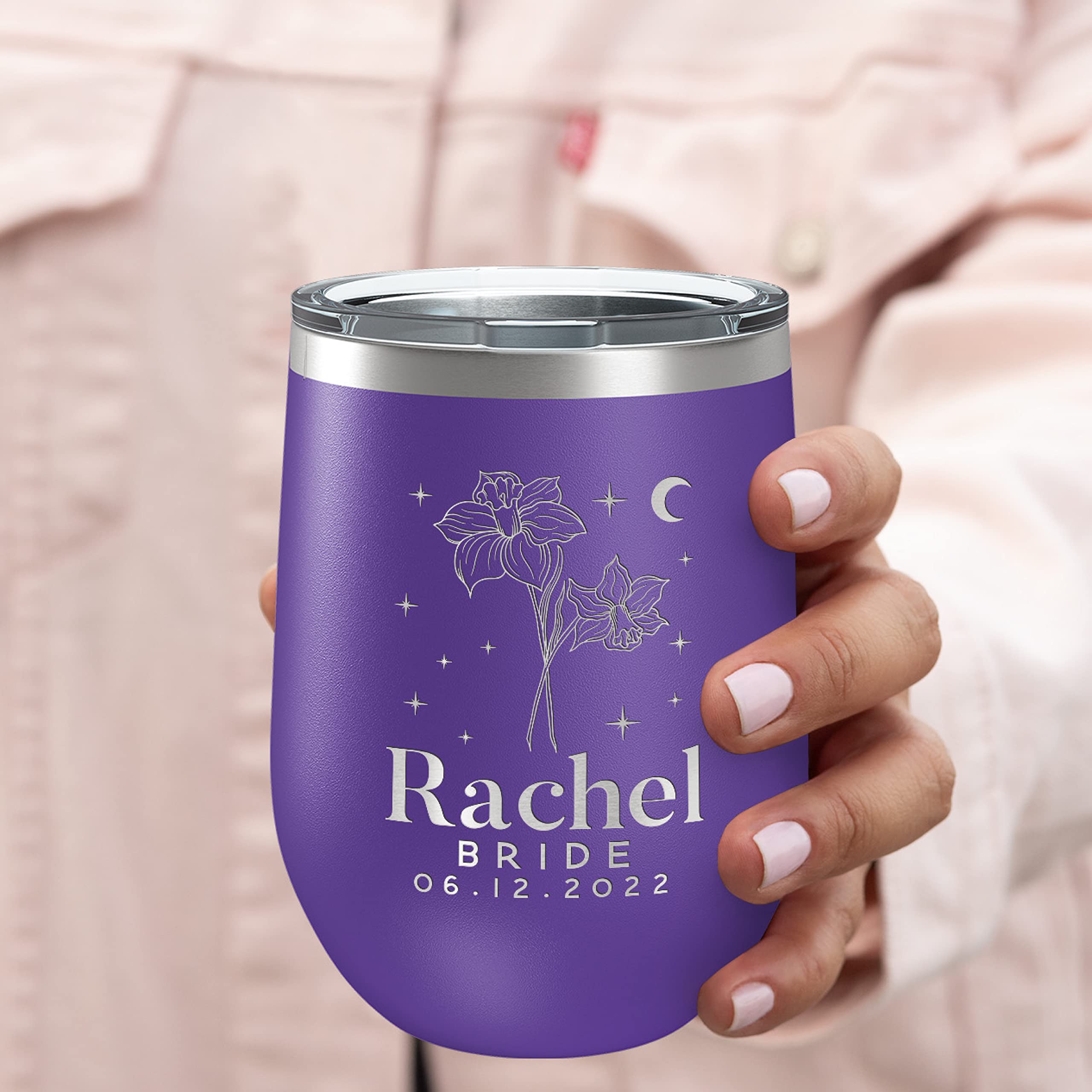 Personalized Bridesmaid Wine Tumblers Set of 5 - Custom Engraved Stemless Glasses with Lid, Names & Titles - 10 Colors & 12 Birth Flower Options - Unique Bridesmaid Proposal Gifts - Perfect for Wedding Showers, Bachelorette Parties & Thank You Gifts