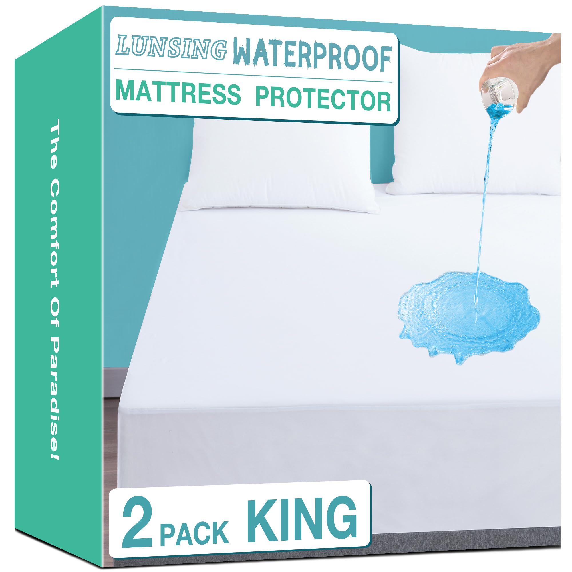 Lunsing 2 Pack Waterproof King Size Mattress Protector - Noiseless, Breathable & Soft Mattress Pad Cover with 6-18 Inch Deep Pocket - White - Perfect for Bedroom, Guest Room & Allergy Protection