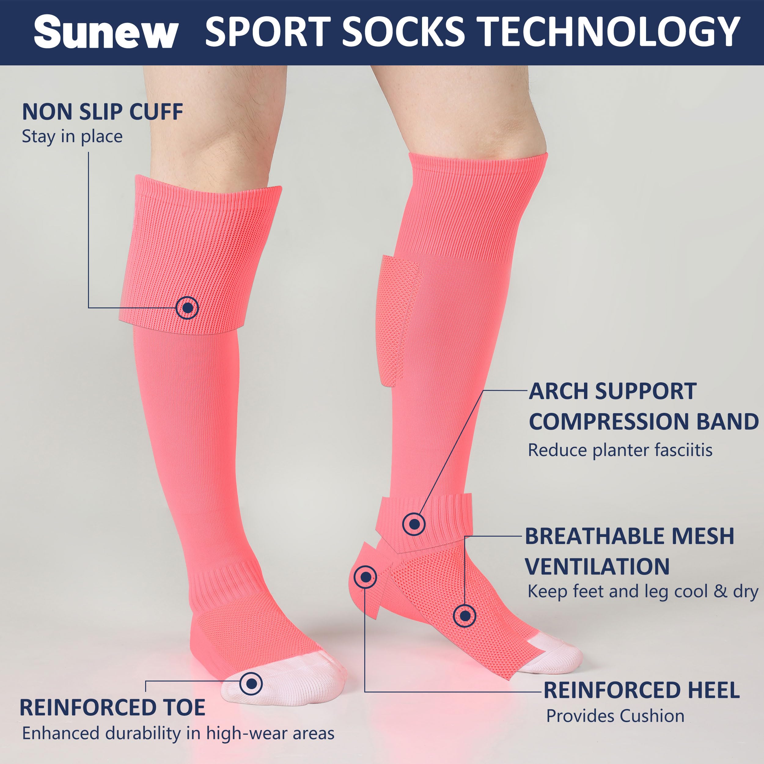 Sunew 2/3 Pack Athletic Sports Socks for Soccer Baseball Softball Football Volleyball - Breathable Cushioned Socks for Men Women Youth (4 Sizes) - Perfect for Training, Games & Team Sports