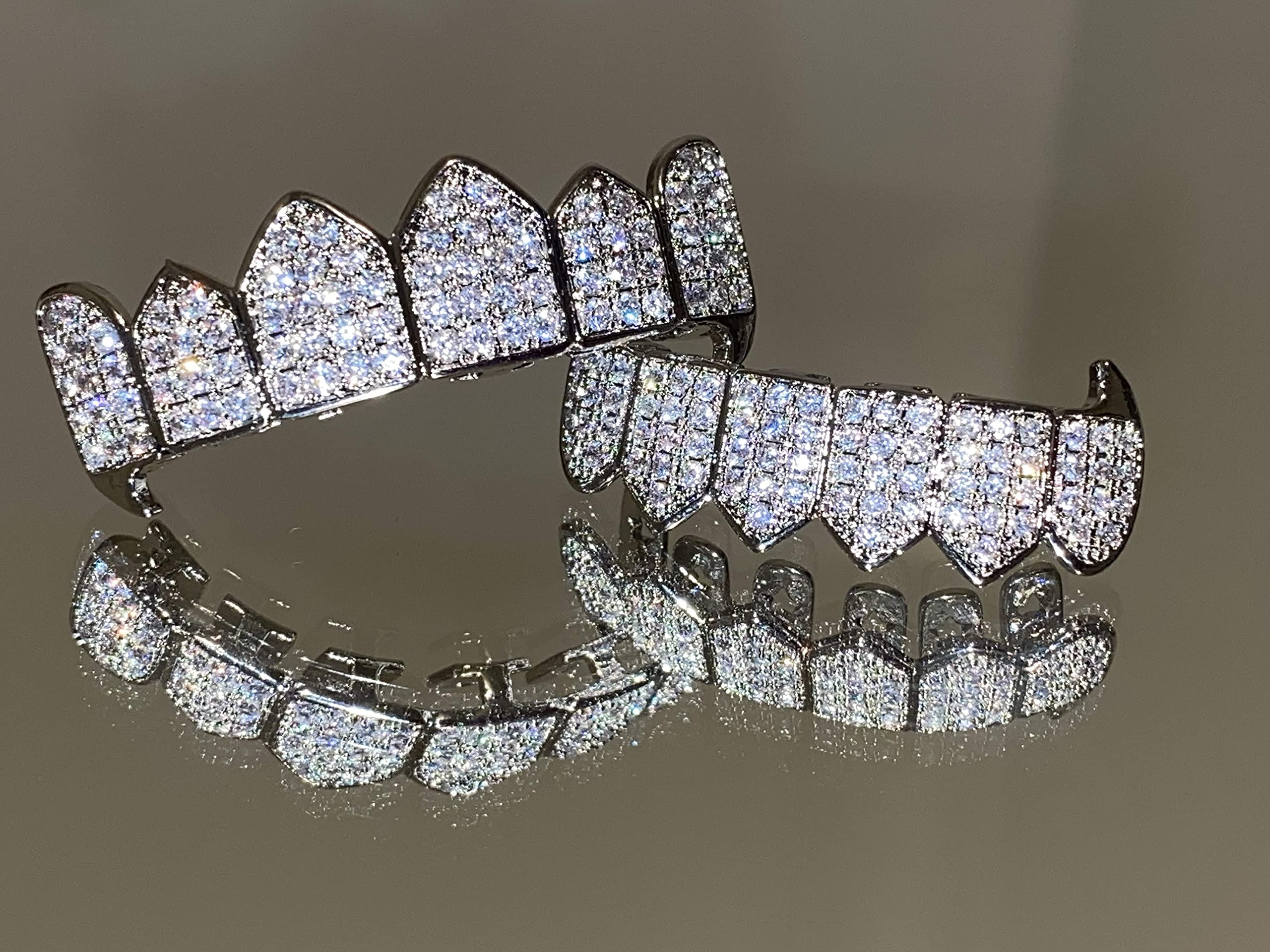 Joker White Gold Hip Hop Grillz Set - Top & Bottom Teeth Grillz with Iced Out Design - Perfect for Rappers, Performers & Hip Hop Fashion Enthusiasts - Great for Concerts, Music Videos & Streetwear Style