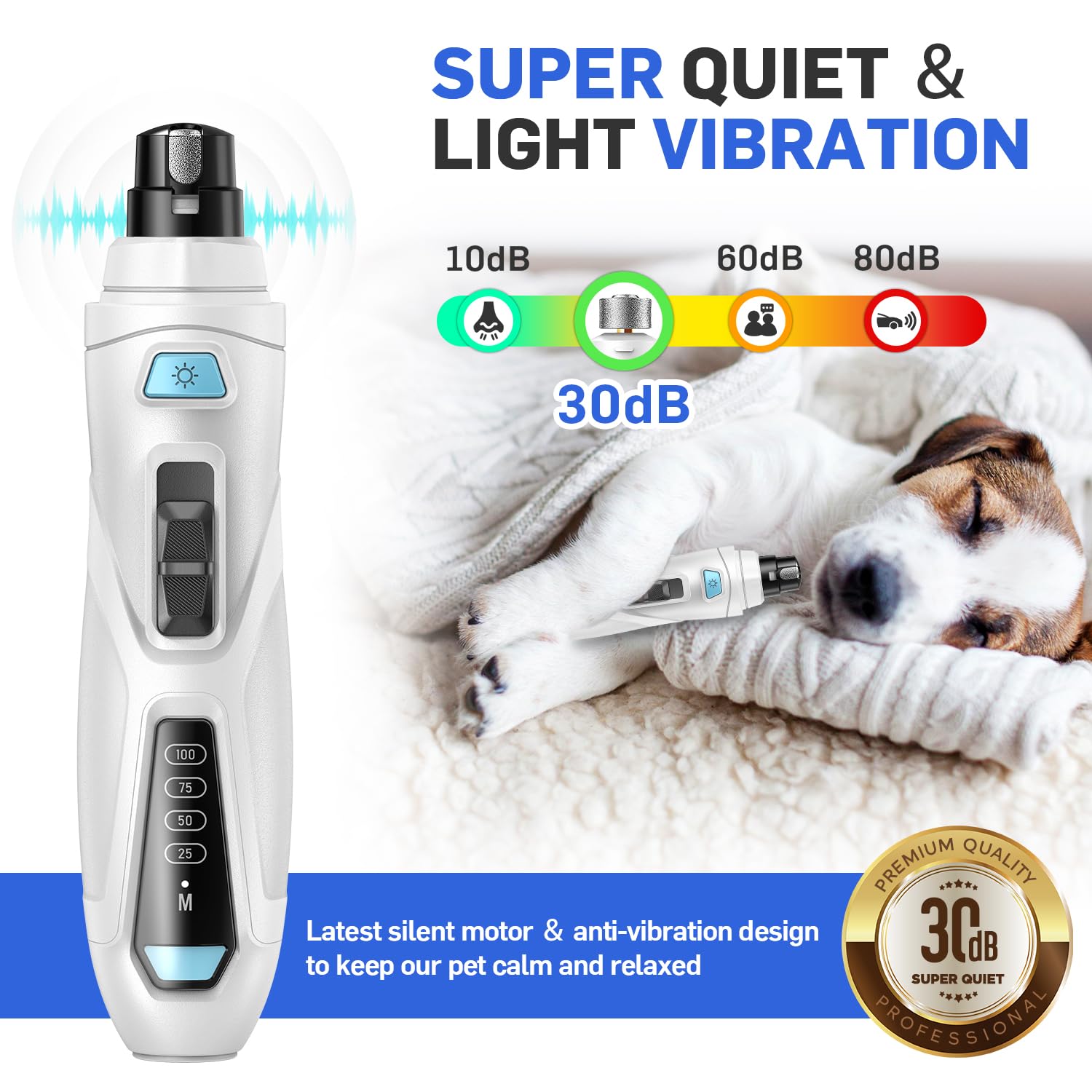 Quiet Rechargeable Dog Nail Grinder - 3 Speed with LED Display for Pets | Perfect for Grooming at Home