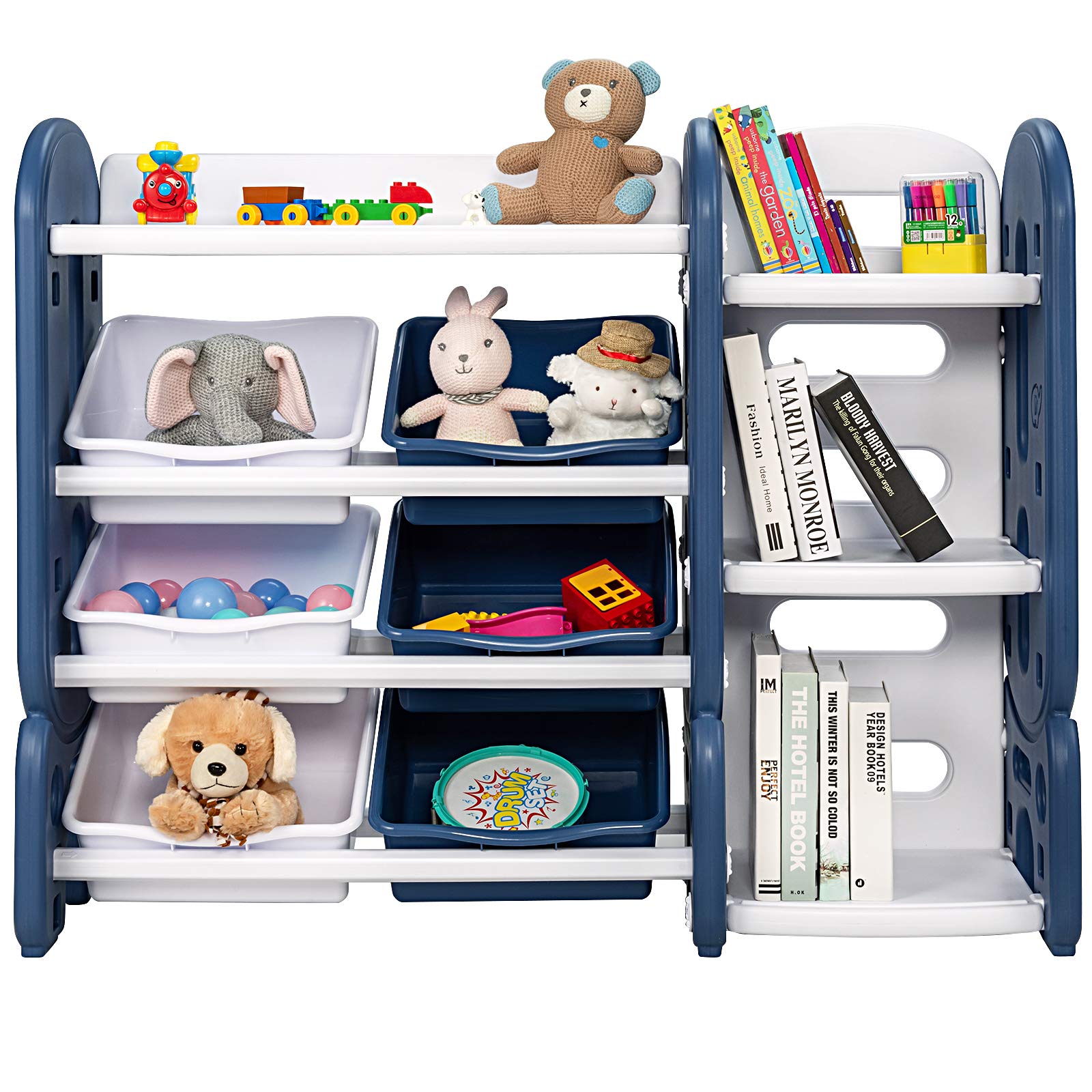 HONEY JOY 4-Tier Kids Toy Storage Organizer with 6 Bins - 2-in-1 Toy Shelf & Removable Toy Box - Corner Bookshelf for Playroom, Daycare & Nursery - Blue Toddler Furniture for Organization & Learning