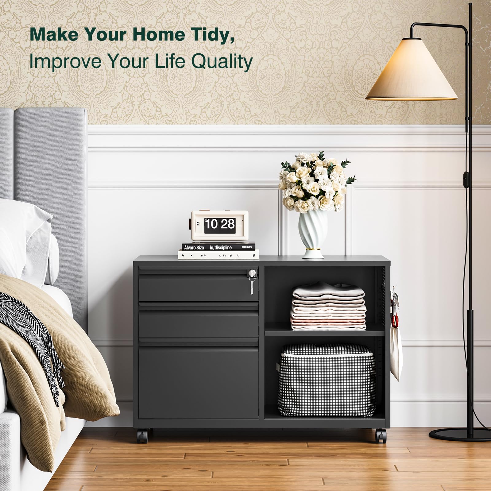 3-Drawer Locking Metal File Cabinet - Mobile Lateral Filing Cabinet with Shelves, Printer Stand for Home Office Storage (Black) | Perfect for Organizing Documents, Office Supplies & Home Workspaces