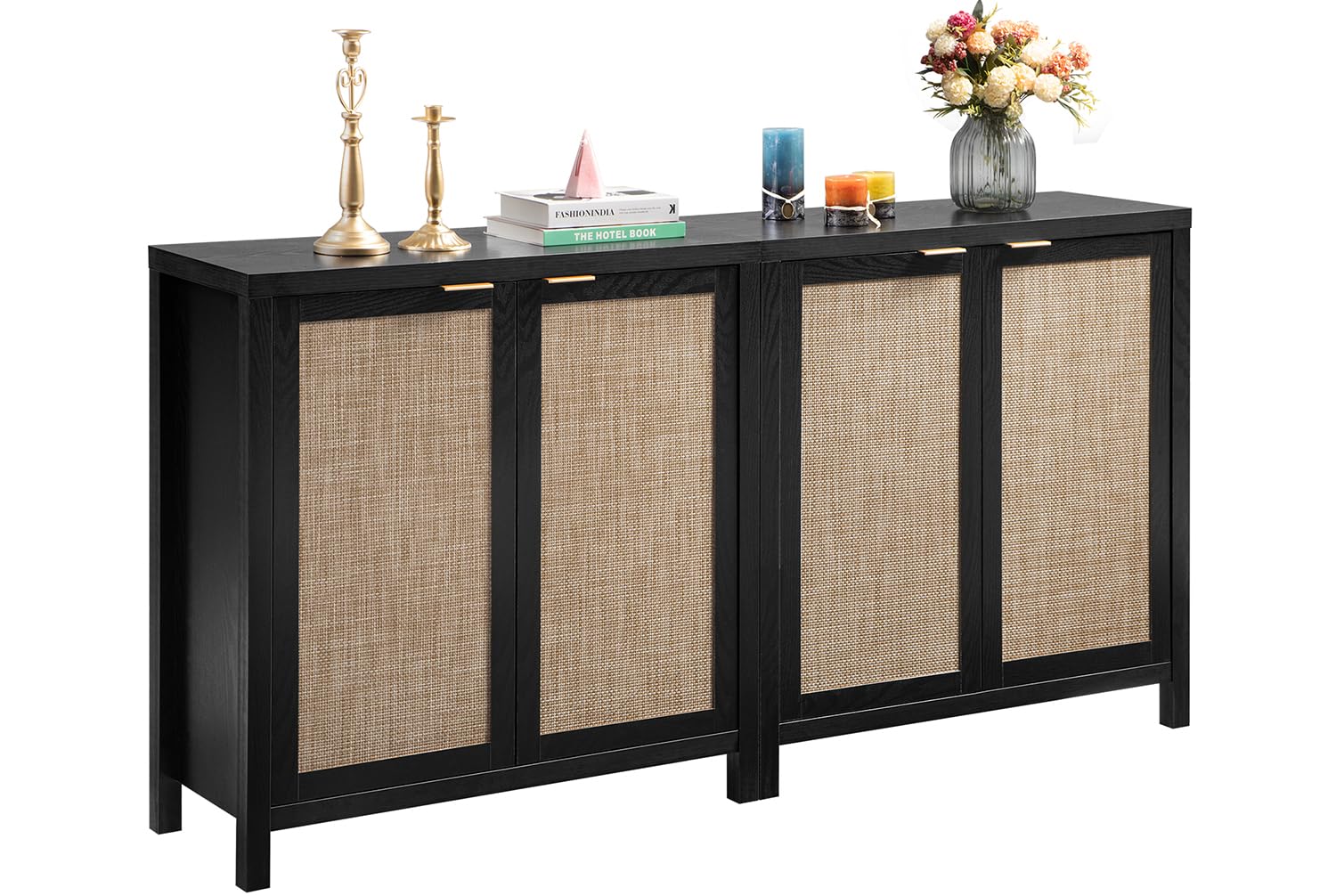 SICOTAS 2-Piece Black Boho Rattan Sideboard Buffet Cabinet with Storage - Modern Accent Coffee Bar Console for Dining Room, Living Room, Entryway & Kitchen - Perfect for Home Decor, Entertaining & Extra Storage Space