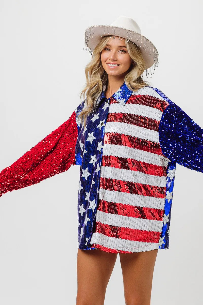 BiBi Velvet Sequin American Flag Shirt - Patriotic Women's Fashion Top for 4th of July, Parties & Festive Events