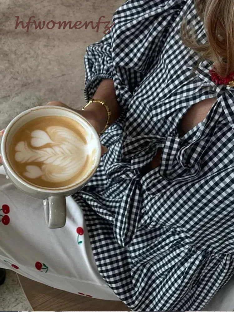 Elegant Striped Lace-Up Women's Blouse with Chic Bow & Puff Sleeves - O-Neck Hollow Out Design for Spring Summer Casual Wear | Perfect for Street Style, Office Outfits & Date Night Looks