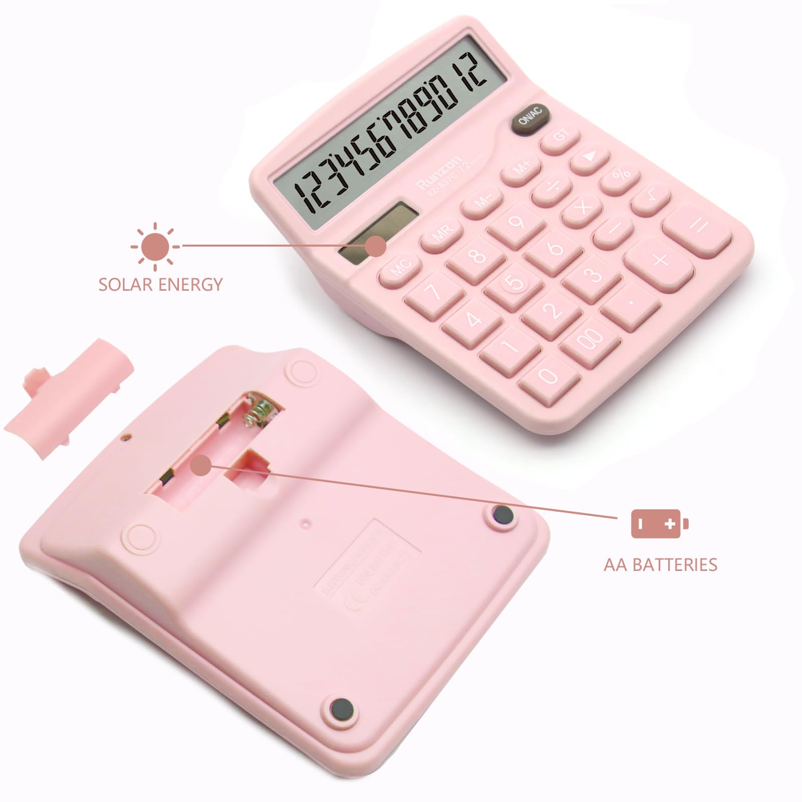 2-Pack Pink Solar & Battery Dual Power Desktop Calculator - 12-Digit Large LCD Display with Sensitive Buttons - Office & School Supplies for Desk, Home, Classroom & Business Use
