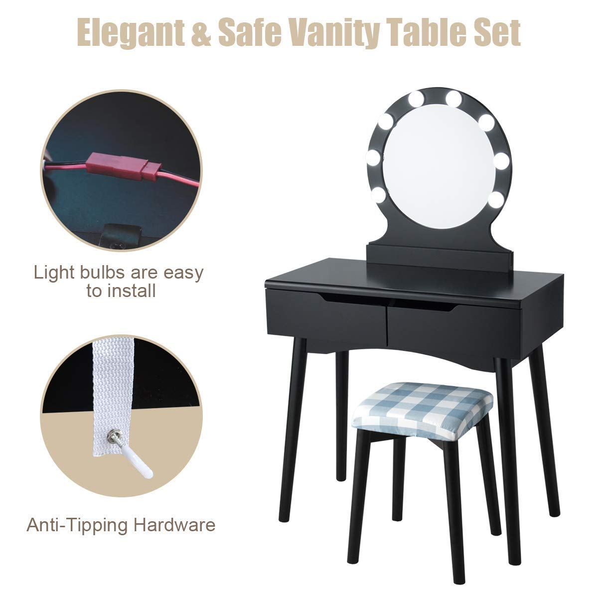 Giantex Vanity Table Set with 8 LED Lights & Touch Control, Princess Style Dressing Table with Large Round Mirror, 2 Sliding Drawers & Cushioned Stool - Perfect for Bedroom, Bathroom & Makeup Room (Black)