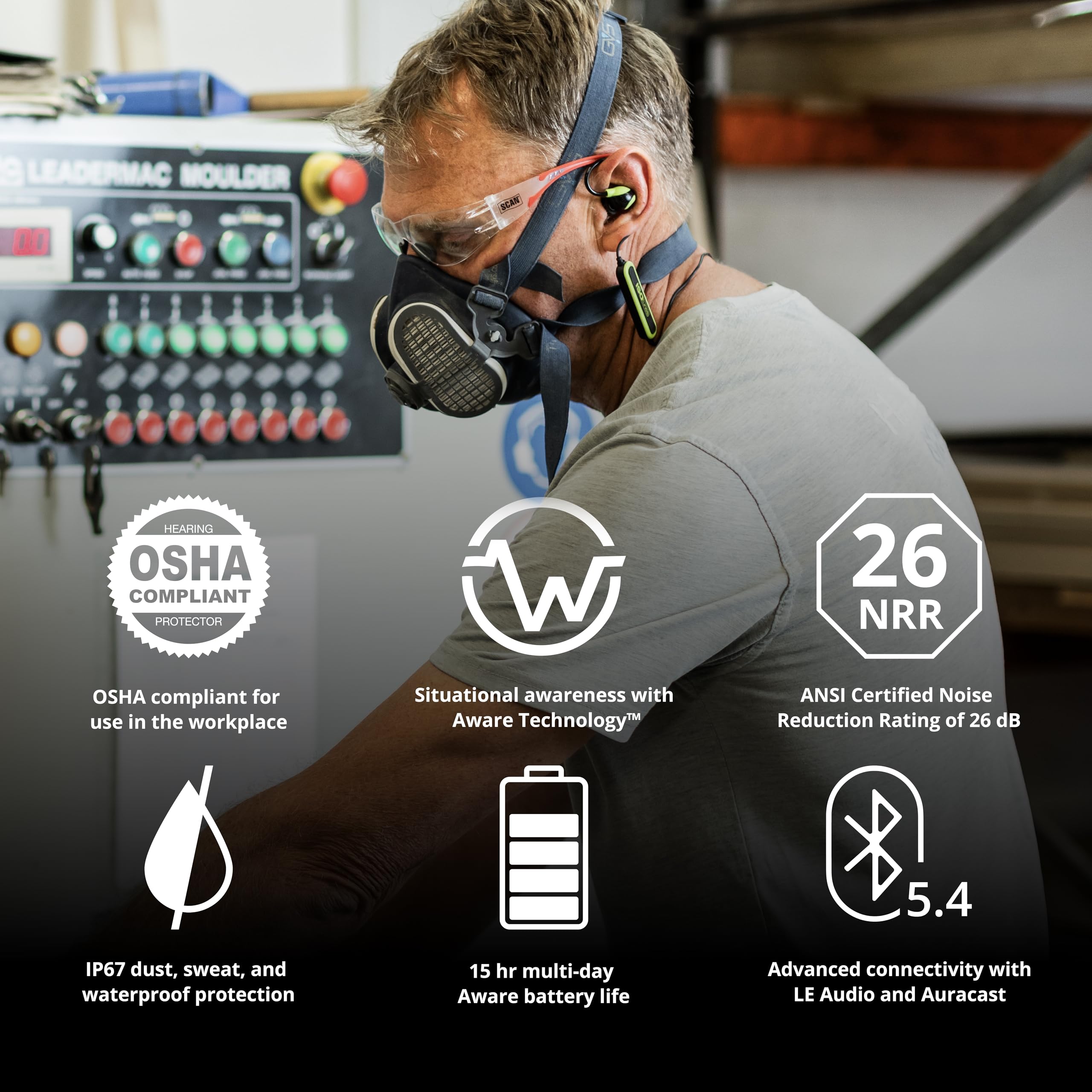 ISOtunes PRO Aware 2.0 Bluetooth Hearing Protection Earbuds - 26dB NRR Noise Reduction, IP67 Waterproof, 15H Battery for Construction, Shooting & Lawn Mowing | High Fidelity Audio with Situational Awareness Mode