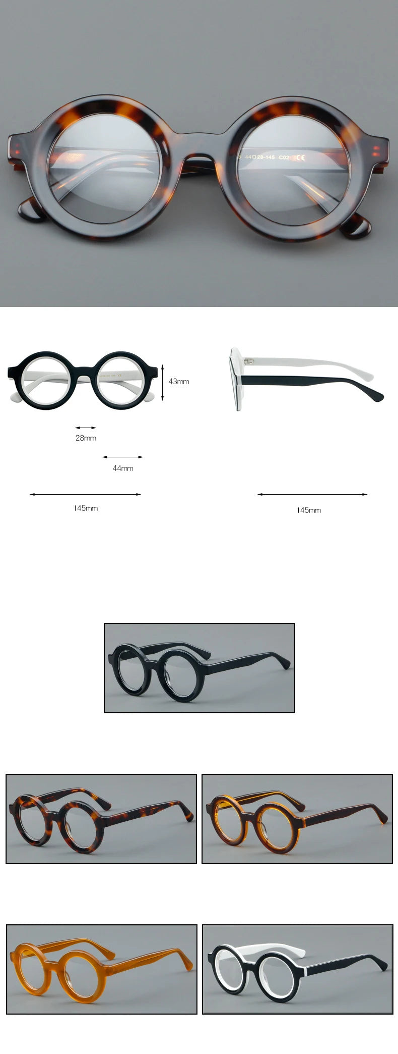 CCspace Unisex Full Rim Round Acetate Eyeglasses 57151 - Stylish & Lightweight Frame for Men & Women - Perfect for Reading, Working & Daily Fashion Accessory