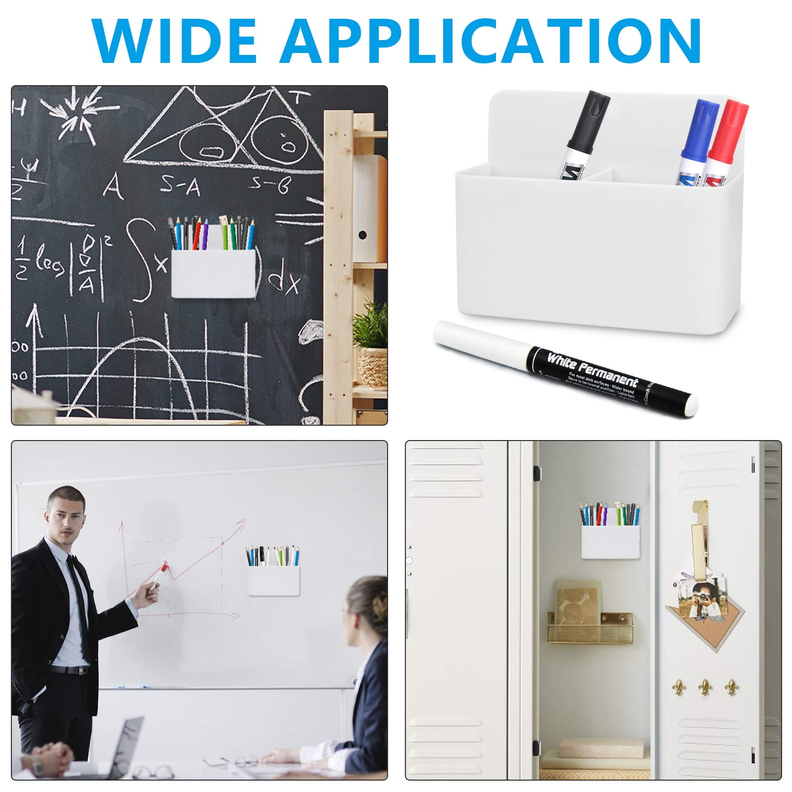 White Magnetic Pencil Holder - Strong Magnet Pencil Cup Organizer for Whiteboard, Refrigerator & Locker - Perfect for School, Office & Home Organization (Markers, Pens & Office Supplies Storage)