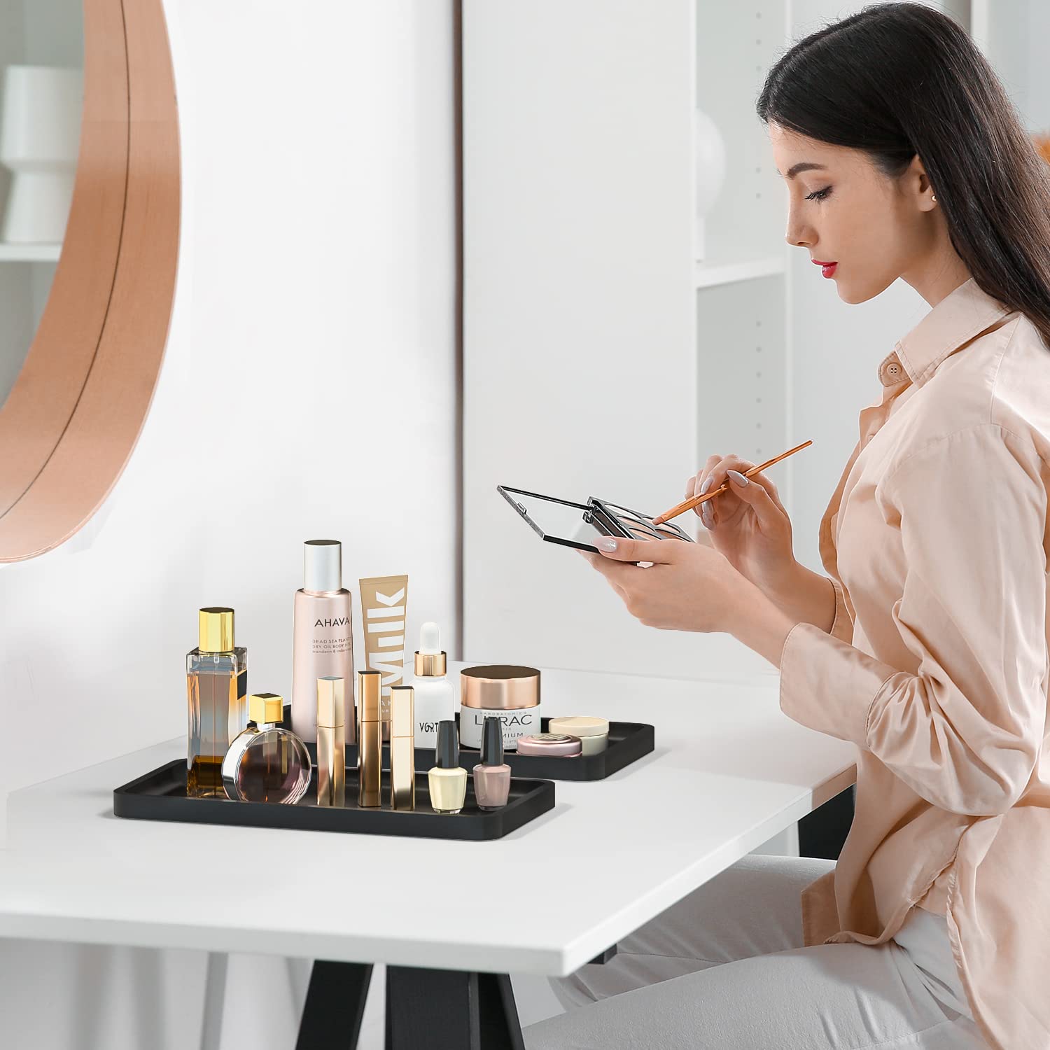 Premium Bathroom Vanity Tray Set of 2 - Black Countertop Organizer for Toiletries, Perfume, Makeup & Candles | Kitchen Tray for Soap Dispenser, Spices & Oils | Perfect for Sink, Toilet Tank & Coffee Station Organization