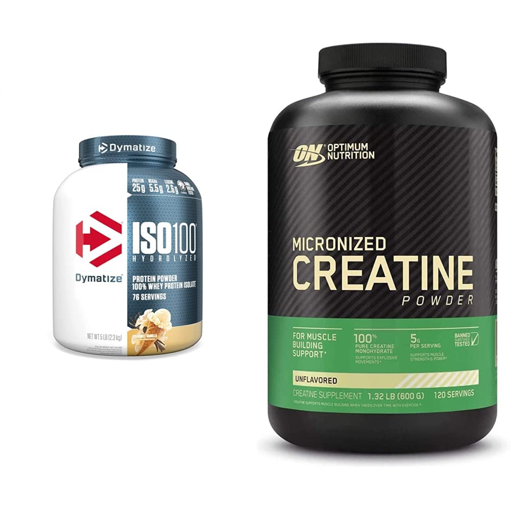 Dymatize ISO 100 Whey Protein Powder & Optimum Nutrition Creatine Monohydrate - Vanilla & Unflavored Combo (5lb Protein + 120 Servings Creatine) | Keto Friendly, Muscle Recovery & Strength Building for Athletes & Gym Workouts